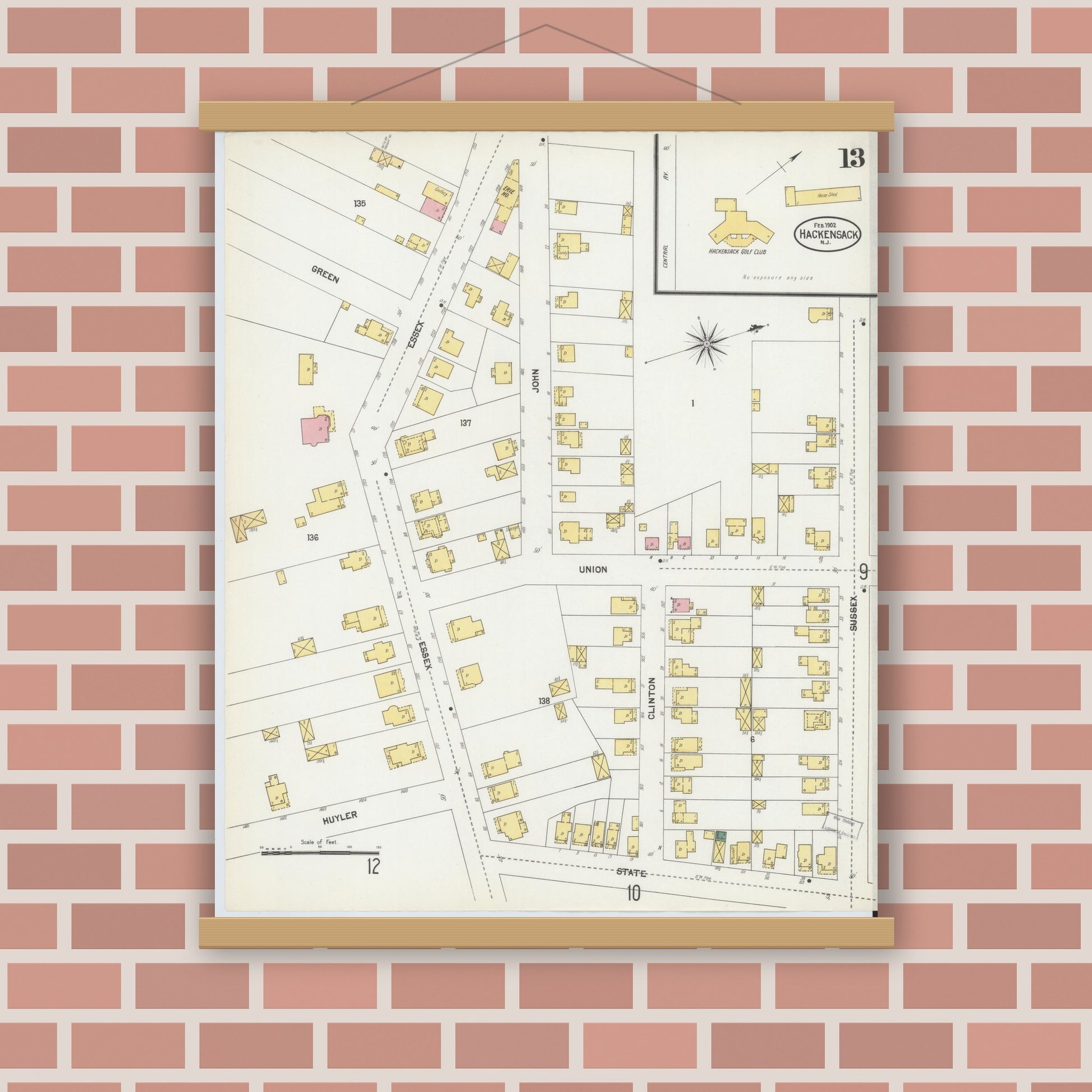 Old map wall art mockup — magnetic wood frame on brick wall — Sanborn Fire Insurance Map from Hackensack, Bergen County, New Jersey (1902), Sheet #0013