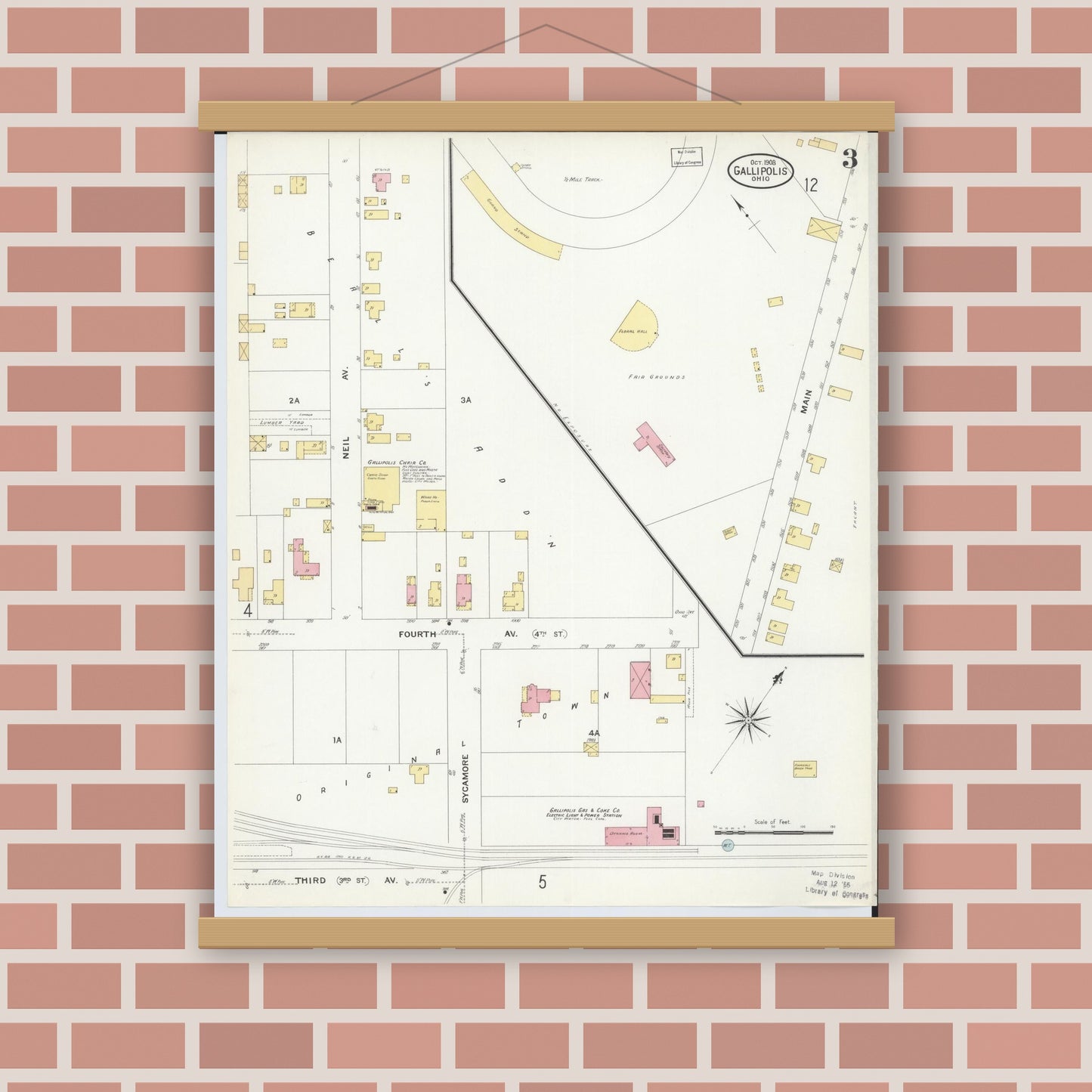Old map wall art mockup — magnetic wood frame on brick wall — Sanborn Fire Insurance Map from Gallipolis, Gallia County, Ohio (1908), Sheet #0003