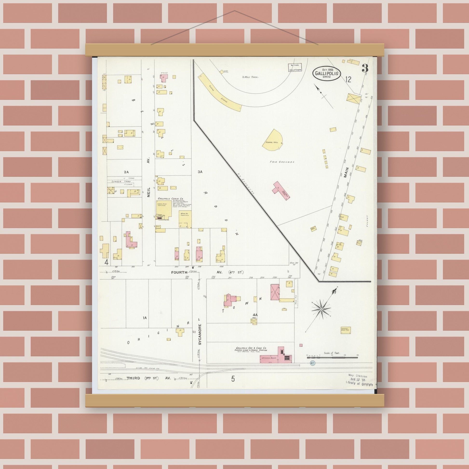 Old map wall art mockup — magnetic wood frame on brick wall — Sanborn Fire Insurance Map from Gallipolis, Gallia County, Ohio (1908), Sheet #0003