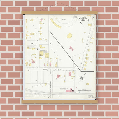 Old map wall art mockup — magnetic wood frame on brick wall — Sanborn Fire Insurance Map from Gallipolis, Gallia County, Ohio (1908), Sheet #0003