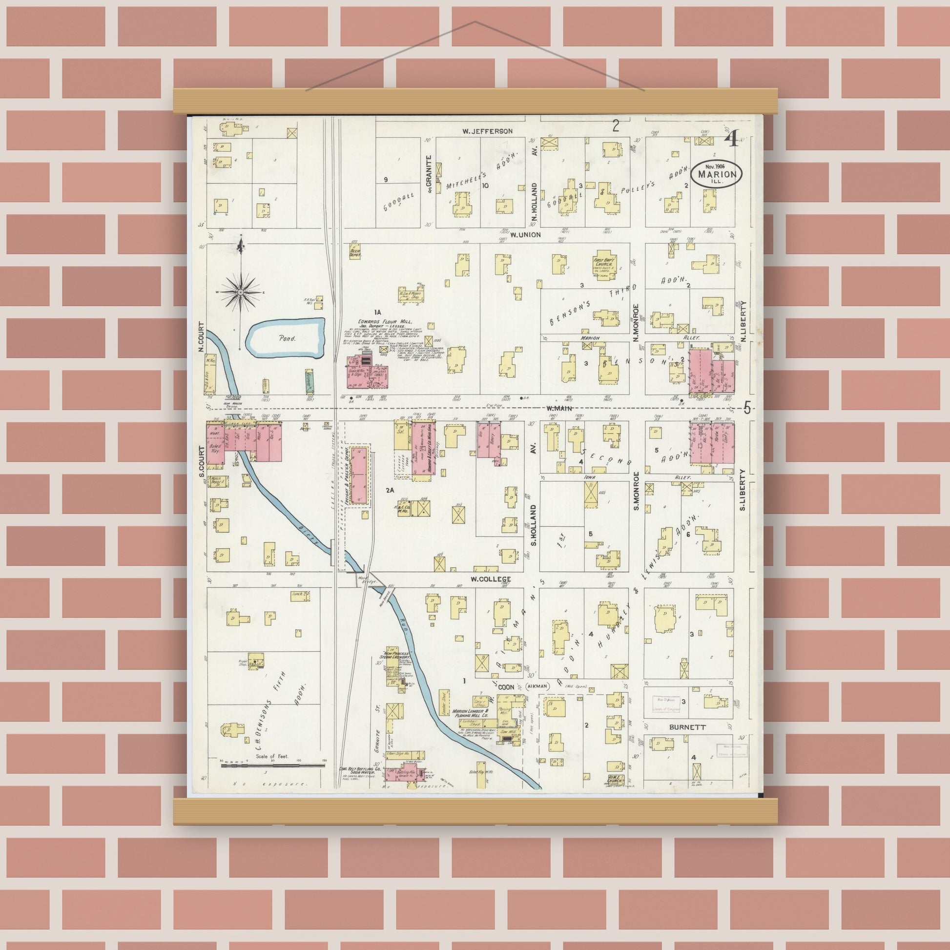 Old map wall art mockup — magnetic wood frame on brick wall — Sanborn Fire Insurance Map from Marion, Williamson County, Illinois (1906), Sheet #0004