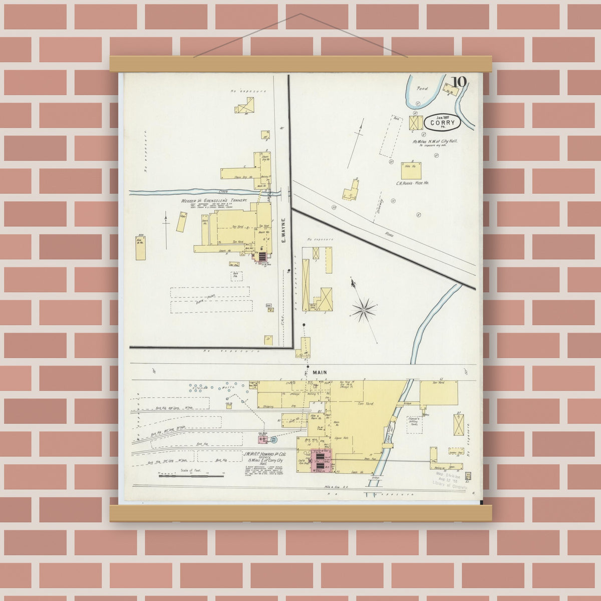 Old map wall art mockup — magnetic wood frame on brick wall — Sanborn Fire Insurance Map from Corry, Erie County, Pennsylvania (1897), Sheet #0010