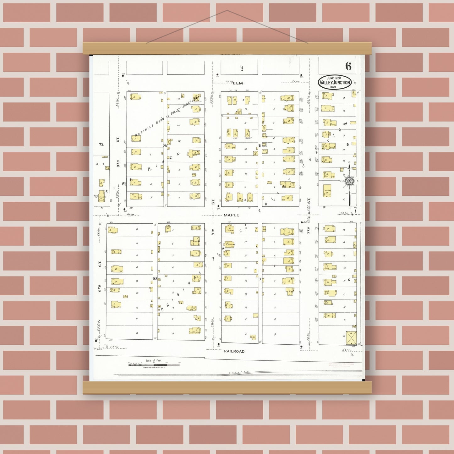 Old map wall art mockup — magnetic wood frame on brick wall — Sanborn Fire Insurance Map from Valley Junction, Polk County, Iowa (1920), Sheet #0006