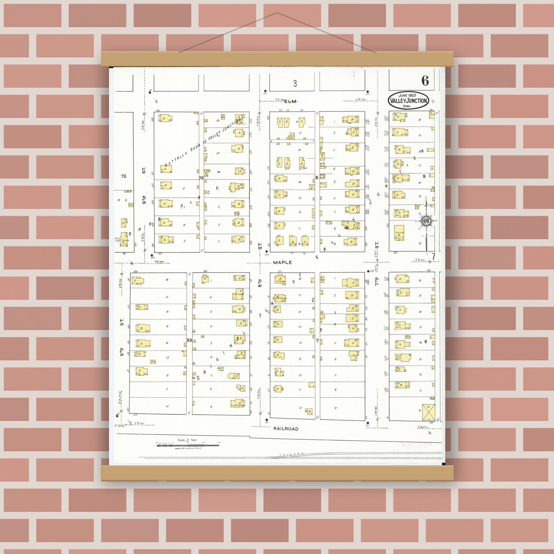 Old map wall art mockup — magnetic wood frame on brick wall — Sanborn Fire Insurance Map from Valley Junction, Polk County, Iowa (1920), Sheet #0006