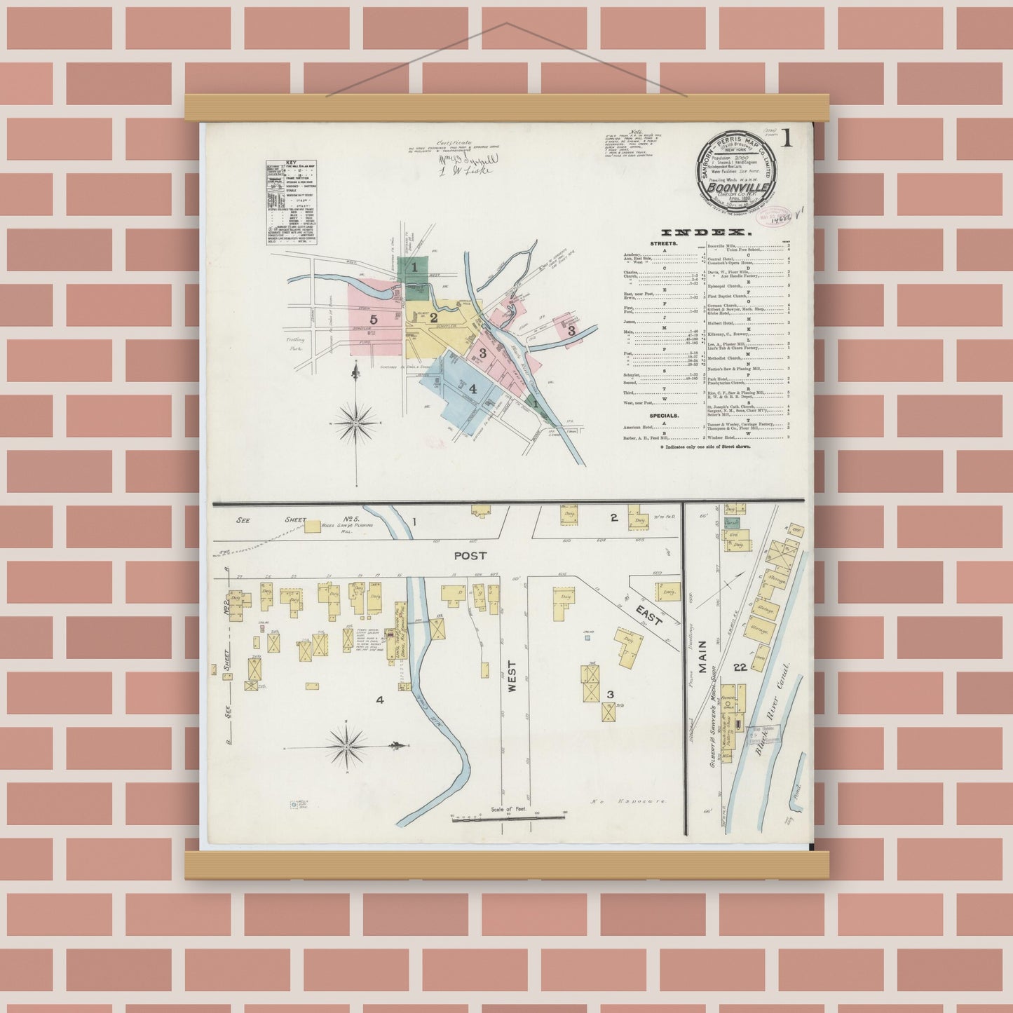Old map wall art mockup — magnetic wood frame on brick wall — Sanborn Fire Insurance Map from Boonville, Oneida County, New York (1890) - Complete Map Set