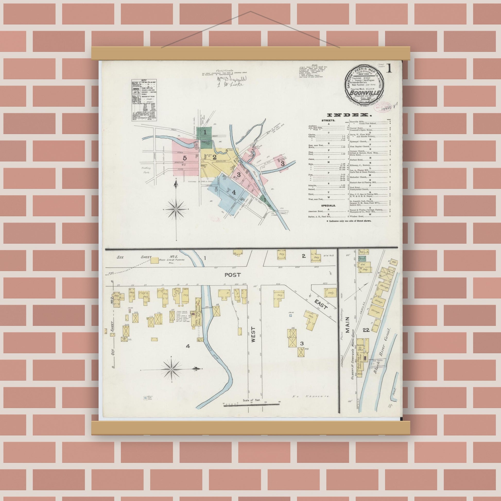 Old map wall art mockup — magnetic wood frame on brick wall — Sanborn Fire Insurance Map from Boonville, Oneida County, New York (1890) - Complete Map Set
