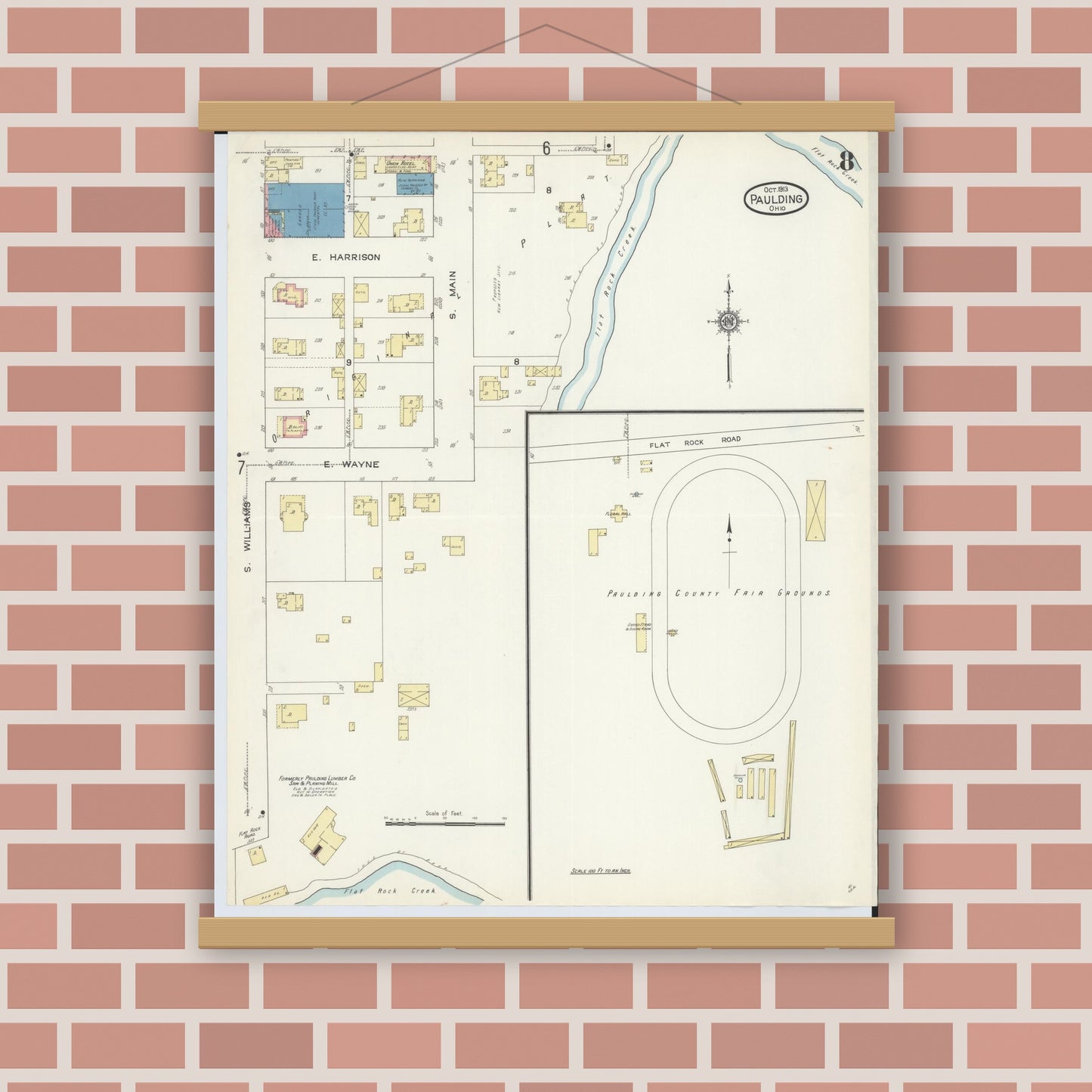 Old map wall art mockup — magnetic wood frame on brick wall — Sanborn Fire Insurance Map from Paulding, Paulding County, Ohio (1913), Sheet #0008