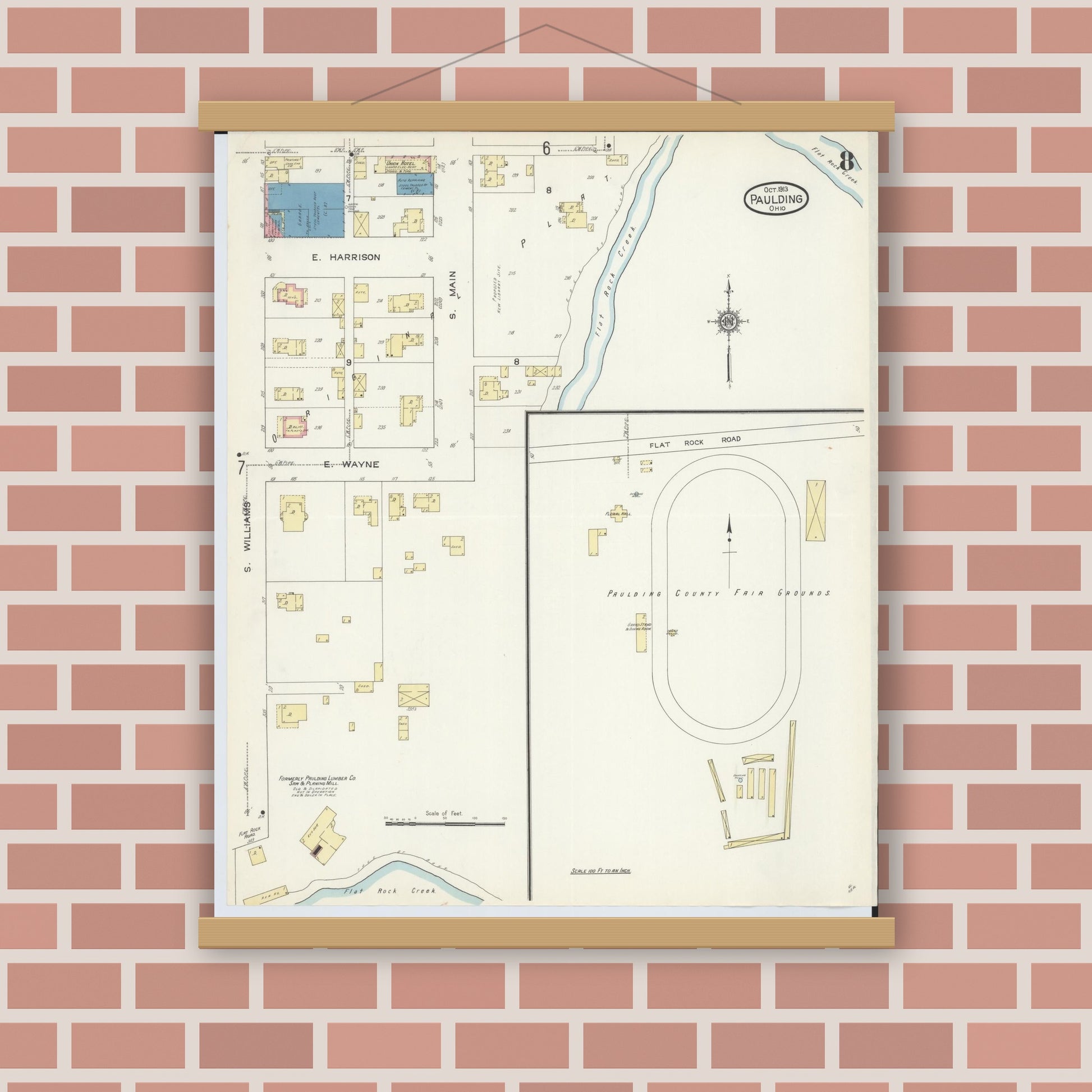 Old map wall art mockup — magnetic wood frame on brick wall — Sanborn Fire Insurance Map from Paulding, Paulding County, Ohio (1913), Sheet #0008