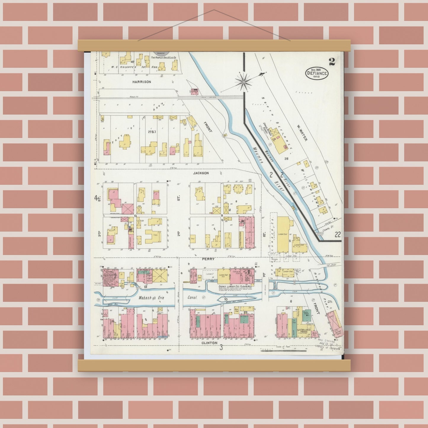 Old map wall art mockup — magnetic wood frame on brick wall — Sanborn Fire Insurance Map from Defiance, Defiance County, Ohio (1905), Sheet #0002