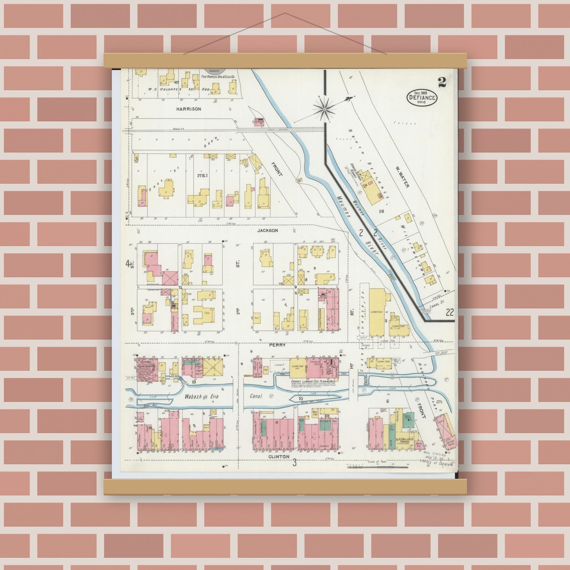 Old map wall art mockup — magnetic wood frame on brick wall — Sanborn Fire Insurance Map from Defiance, Defiance County, Ohio (1905), Sheet #0002