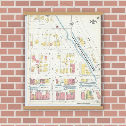 Old map wall art mockup — magnetic wood frame on brick wall — Sanborn Fire Insurance Map from Defiance, Defiance County, Ohio (1905), Sheet #0002