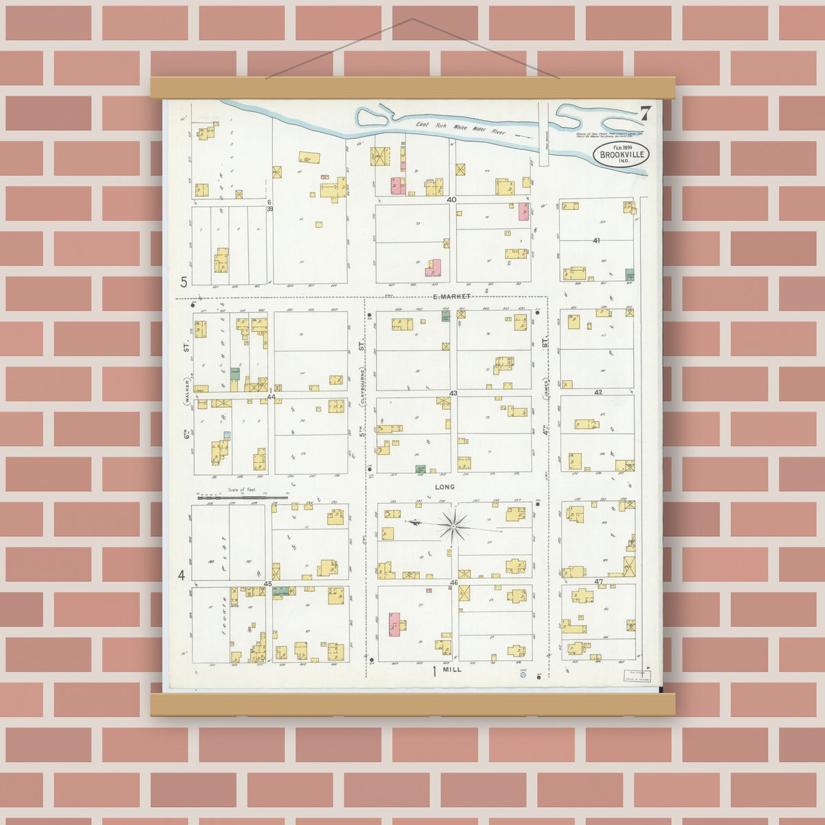 Old map wall art mockup — magnetic wood frame on brick wall — Sanborn Fire Insurance Map from Brookville, Franklin County, Indiana (1899), Sheet #0007
