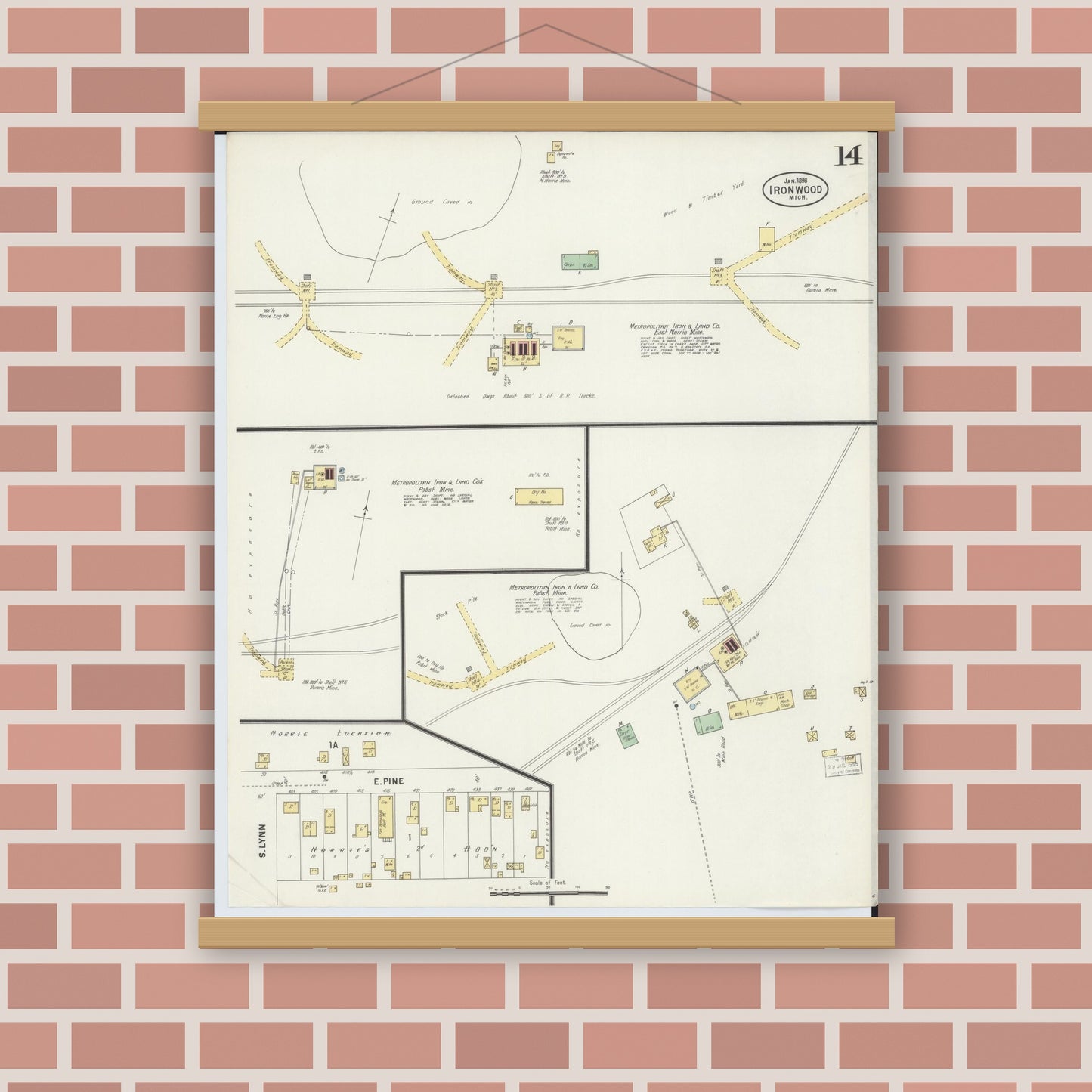 Old map wall art mockup — magnetic wood frame on brick wall — Sanborn Fire Insurance Map from Ironwood, Gogebic County, Michigan (1898), Sheet #0014