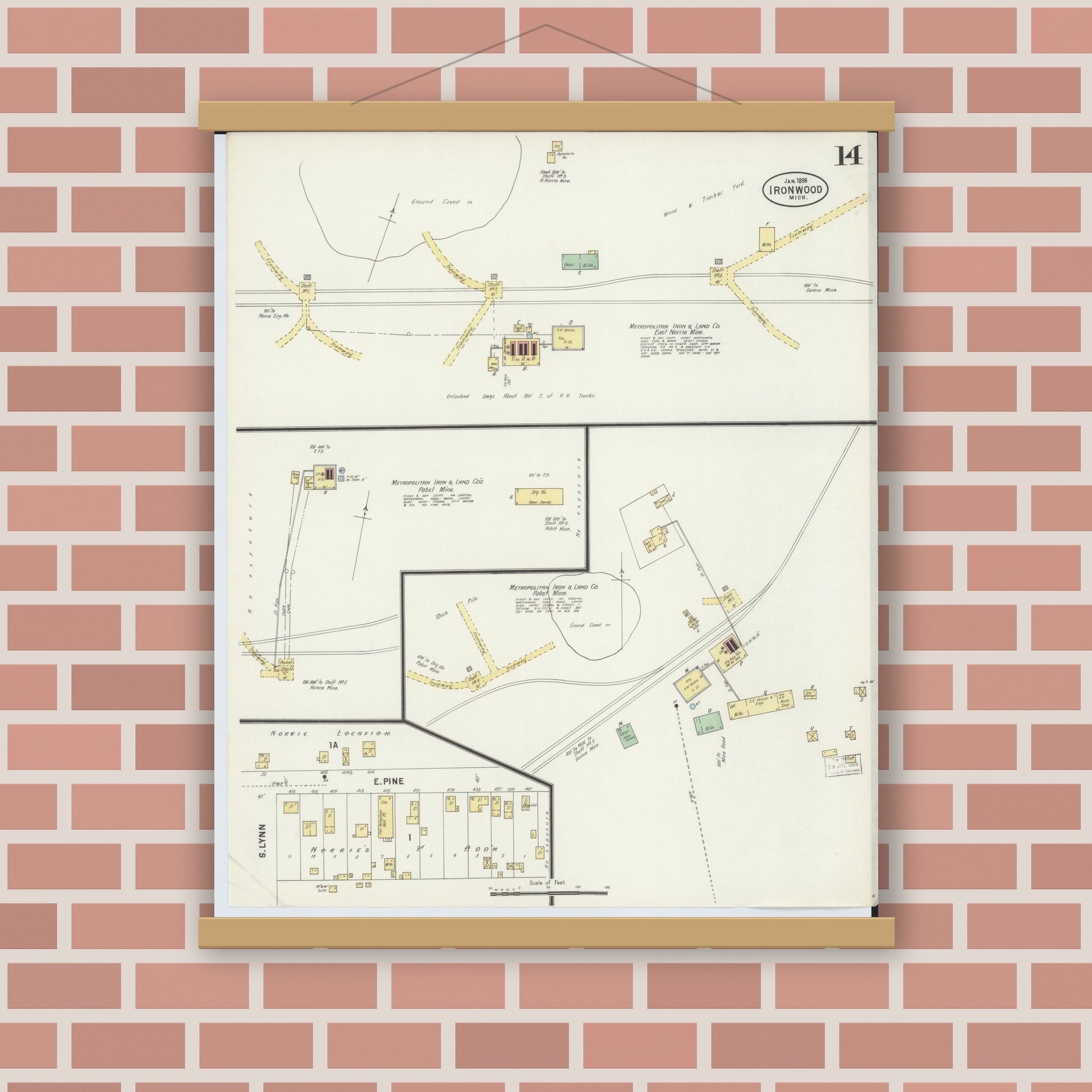 Old map wall art mockup — magnetic wood frame on brick wall — Sanborn Fire Insurance Map from Ironwood, Gogebic County, Michigan (1898), Sheet #0014