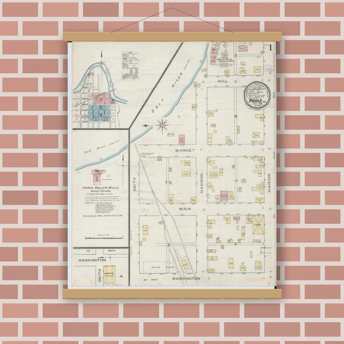 Old map wall art mockup — magnetic wood frame on brick wall — Sanborn Fire Insurance Map from Paris, Monroe County, Missouri (1886) - Complete Map Set