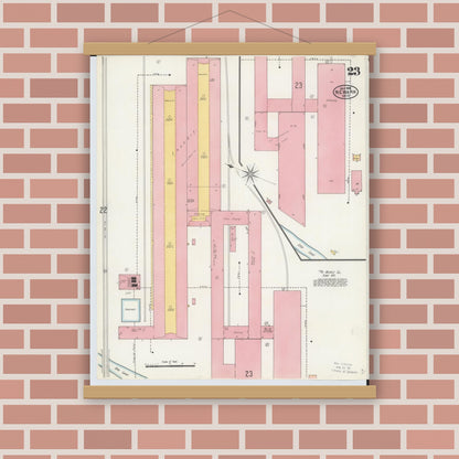 Old map wall art mockup — magnetic wood frame on brick wall — Sanborn Fire Insurance Map from Newark, Licking County, Ohio (1905), Sheet #0023