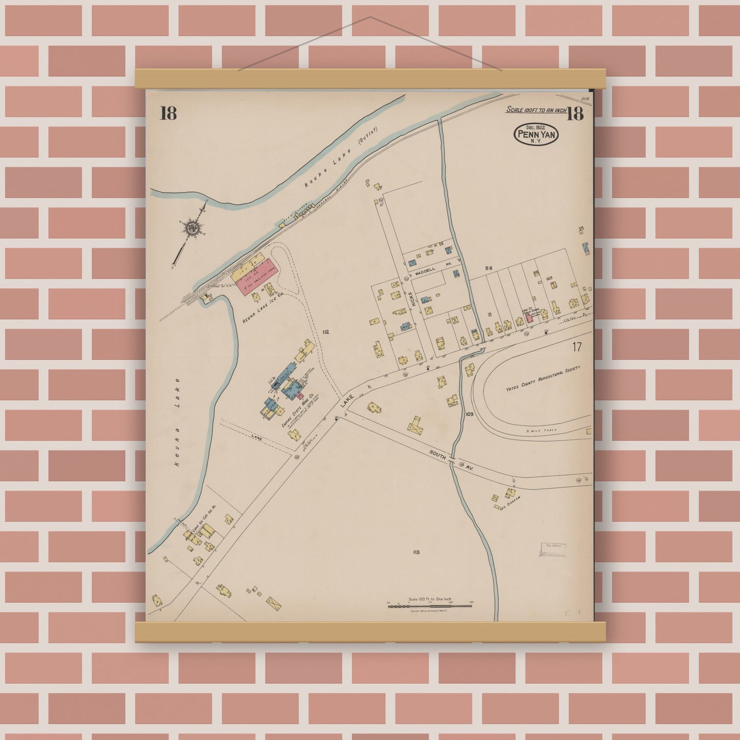 Old map wall art mockup — magnetic wood frame on brick wall — Sanborn Fire Insurance Map from Penn Yan, Yates County, New York (1922), Sheet #0018