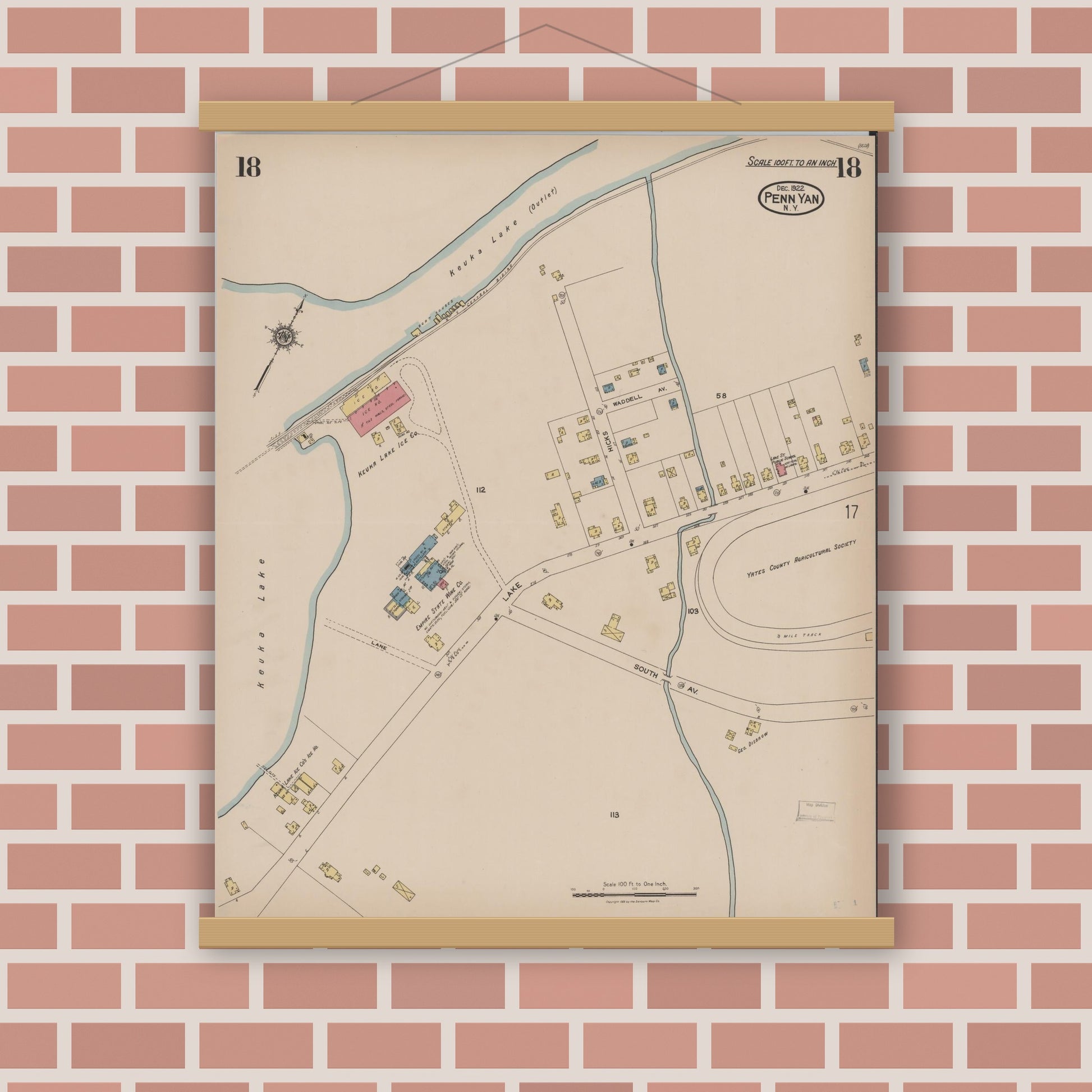 Old map wall art mockup — magnetic wood frame on brick wall — Sanborn Fire Insurance Map from Penn Yan, Yates County, New York (1922), Sheet #0018