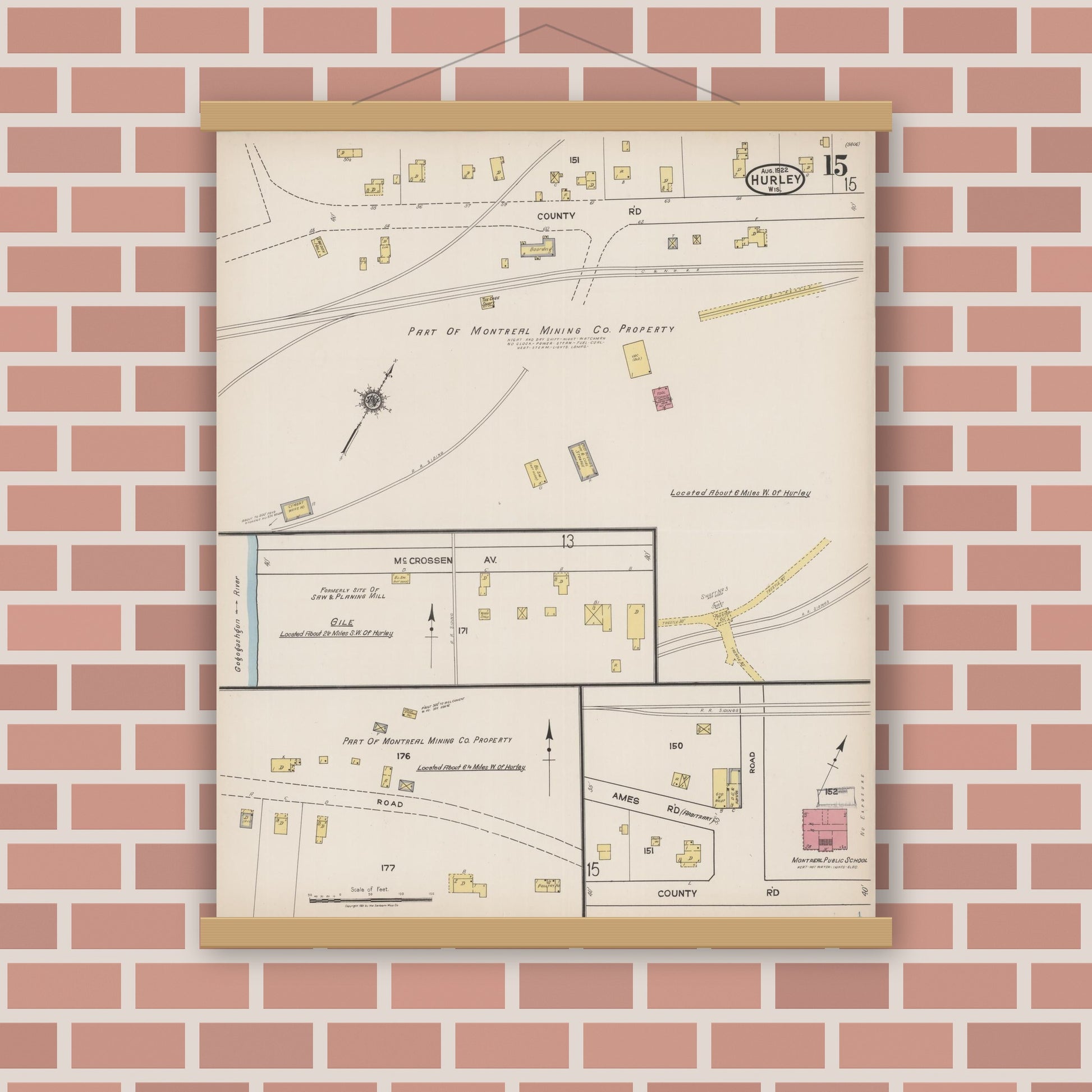 Old map wall art mockup — magnetic wood frame on brick wall — Sanborn Fire Insurance Map from Hurley, Iron County, Wisconsin (1922), Sheet #0015