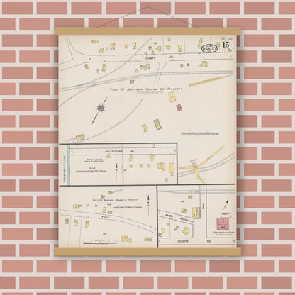 Old map wall art mockup — magnetic wood frame on brick wall — Sanborn Fire Insurance Map from Hurley, Iron County, Wisconsin (1922), Sheet #0015
