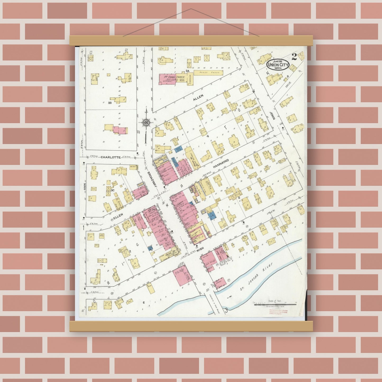 Old map wall art mockup — magnetic wood frame on brick wall — Sanborn Fire Insurance Map from Union City, Branch And Calhoun Counties, Michigan (1918), Sheet #0002