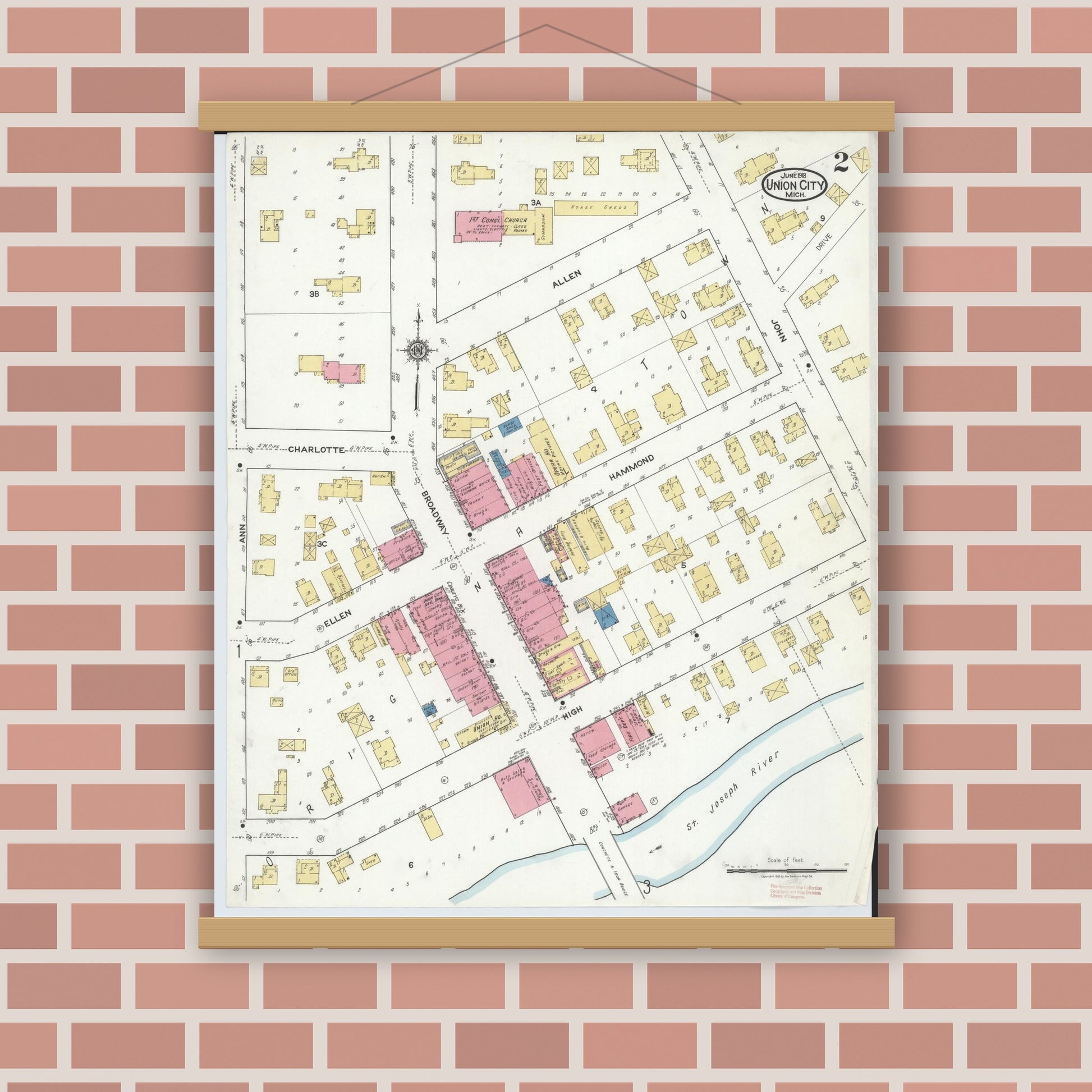 Old map wall art mockup — magnetic wood frame on brick wall — Sanborn Fire Insurance Map from Union City, Branch And Calhoun Counties, Michigan (1918), Sheet #0002