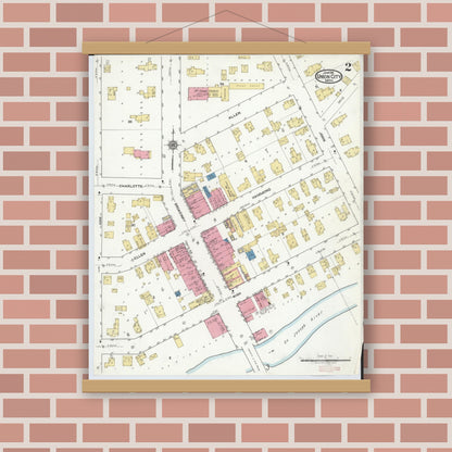 Old map wall art mockup — magnetic wood frame on brick wall — Sanborn Fire Insurance Map from Union City, Branch And Calhoun Counties, Michigan (1918), Sheet #0002