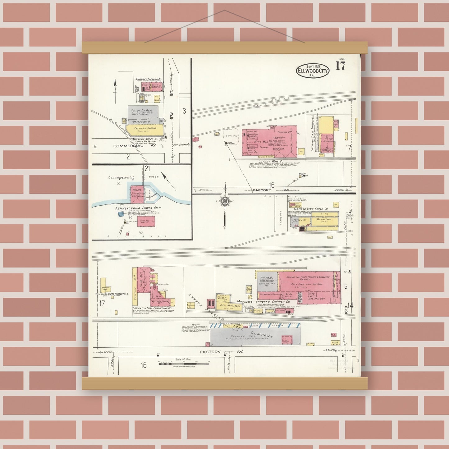 Old map wall art mockup — magnetic wood frame on brick wall — Sanborn Fire Insurance Map from Ellwood City, Lawrence County, Pennsylvania (1921), Sheet #0017