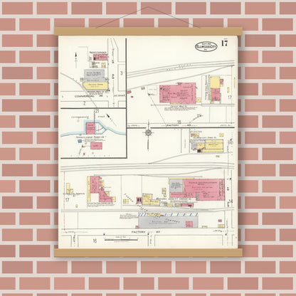 Old map wall art mockup — magnetic wood frame on brick wall — Sanborn Fire Insurance Map from Ellwood City, Lawrence County, Pennsylvania (1921), Sheet #0017