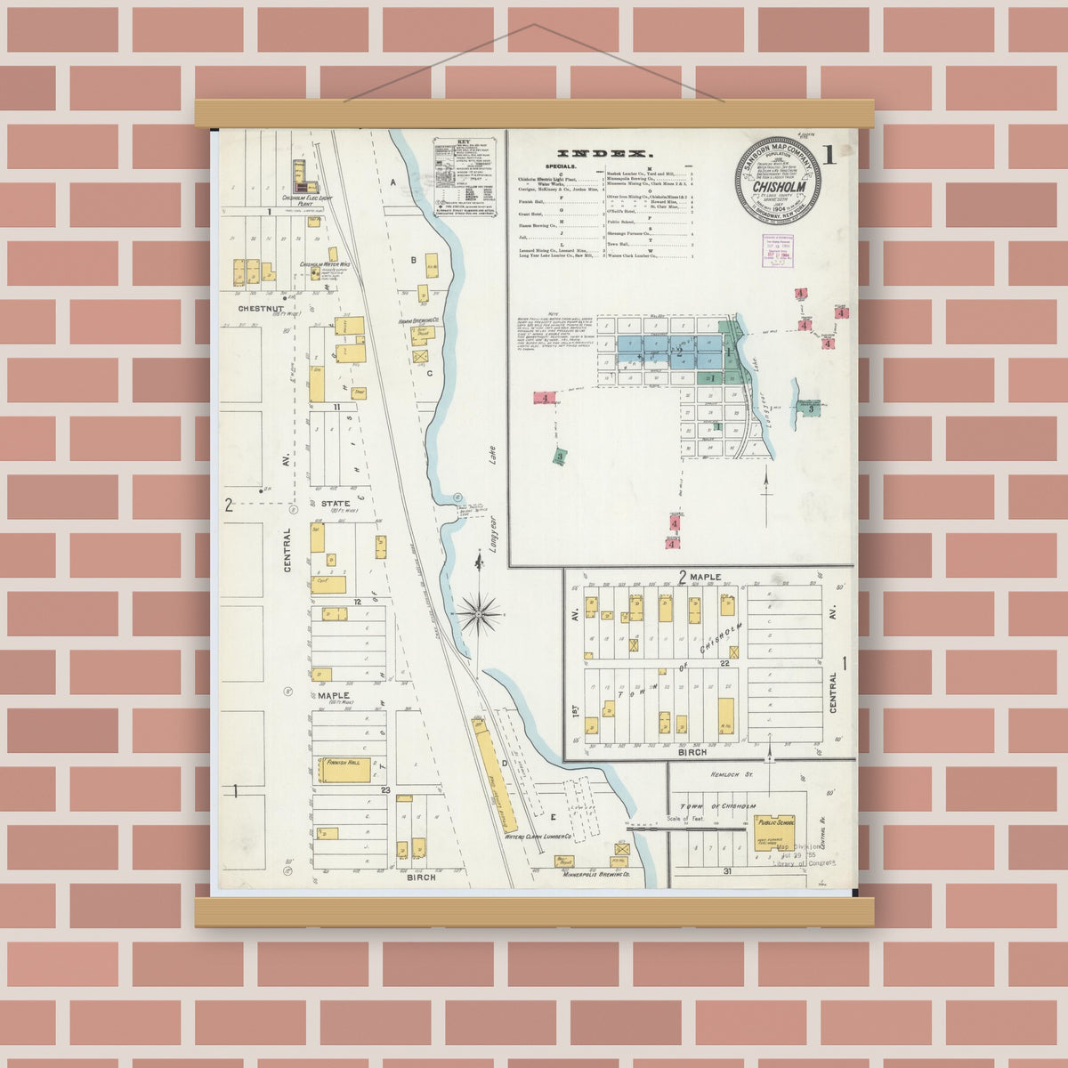 Old map wall art mockup — magnetic wood frame on brick wall — Sanborn Fire Insurance Map from Chisholm, Saint Louis County, Minnesota (1904) - Complete Map Set