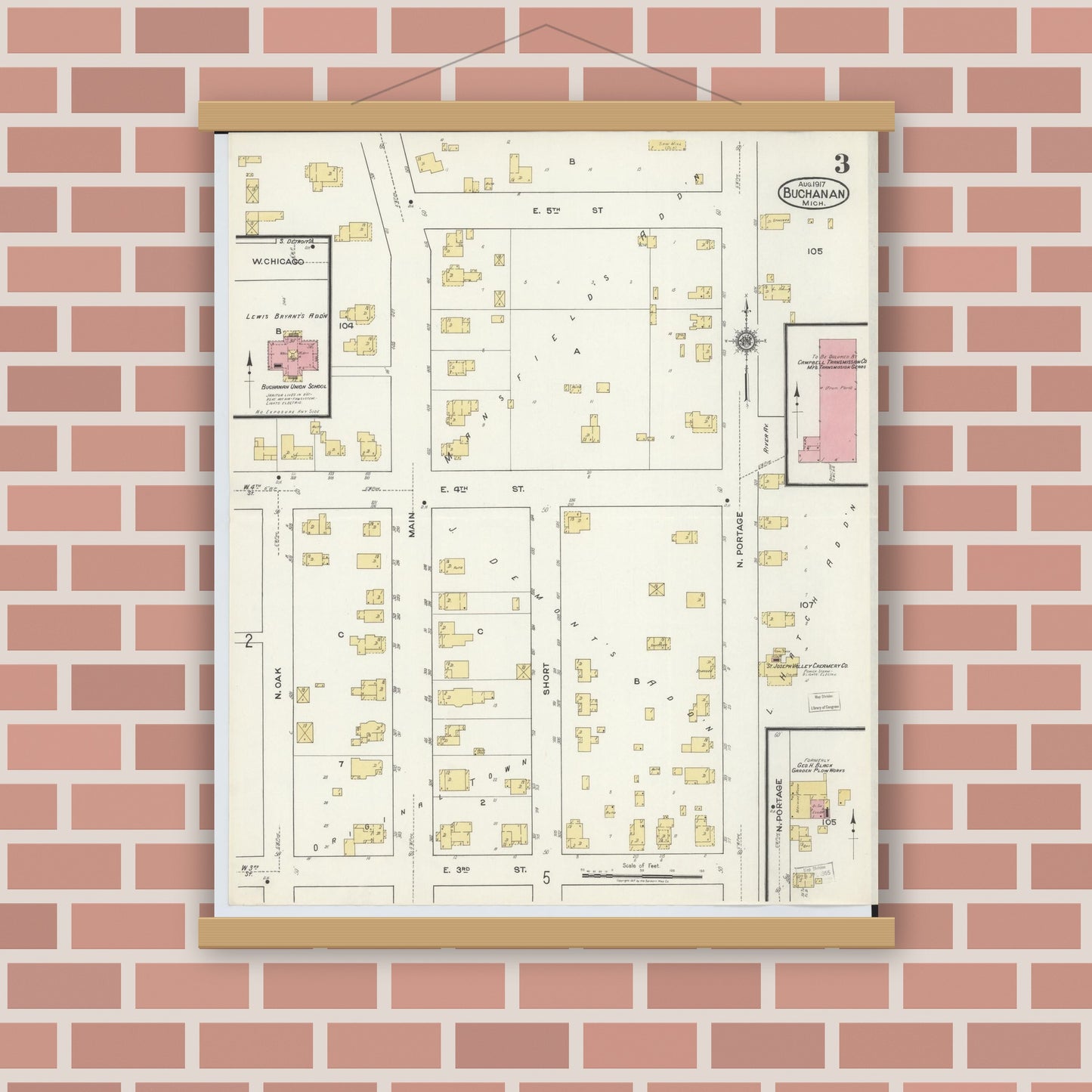 Old map wall art mockup — magnetic wood frame on brick wall — Sanborn Fire Insurance Map from Buchanan, Berrien County, Michigan (1917), Sheet #0003