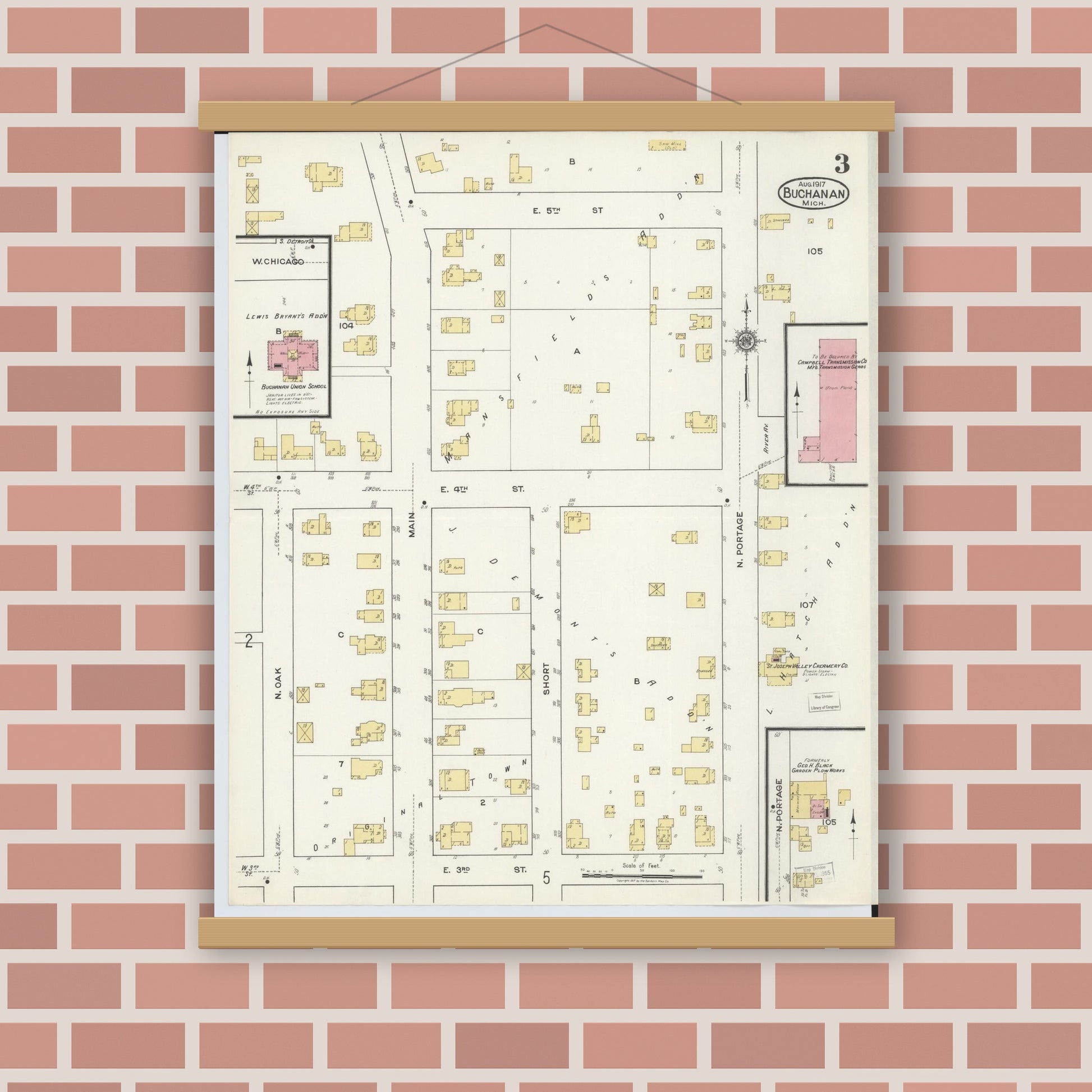 Old map wall art mockup — magnetic wood frame on brick wall — Sanborn Fire Insurance Map from Buchanan, Berrien County, Michigan (1917), Sheet #0003