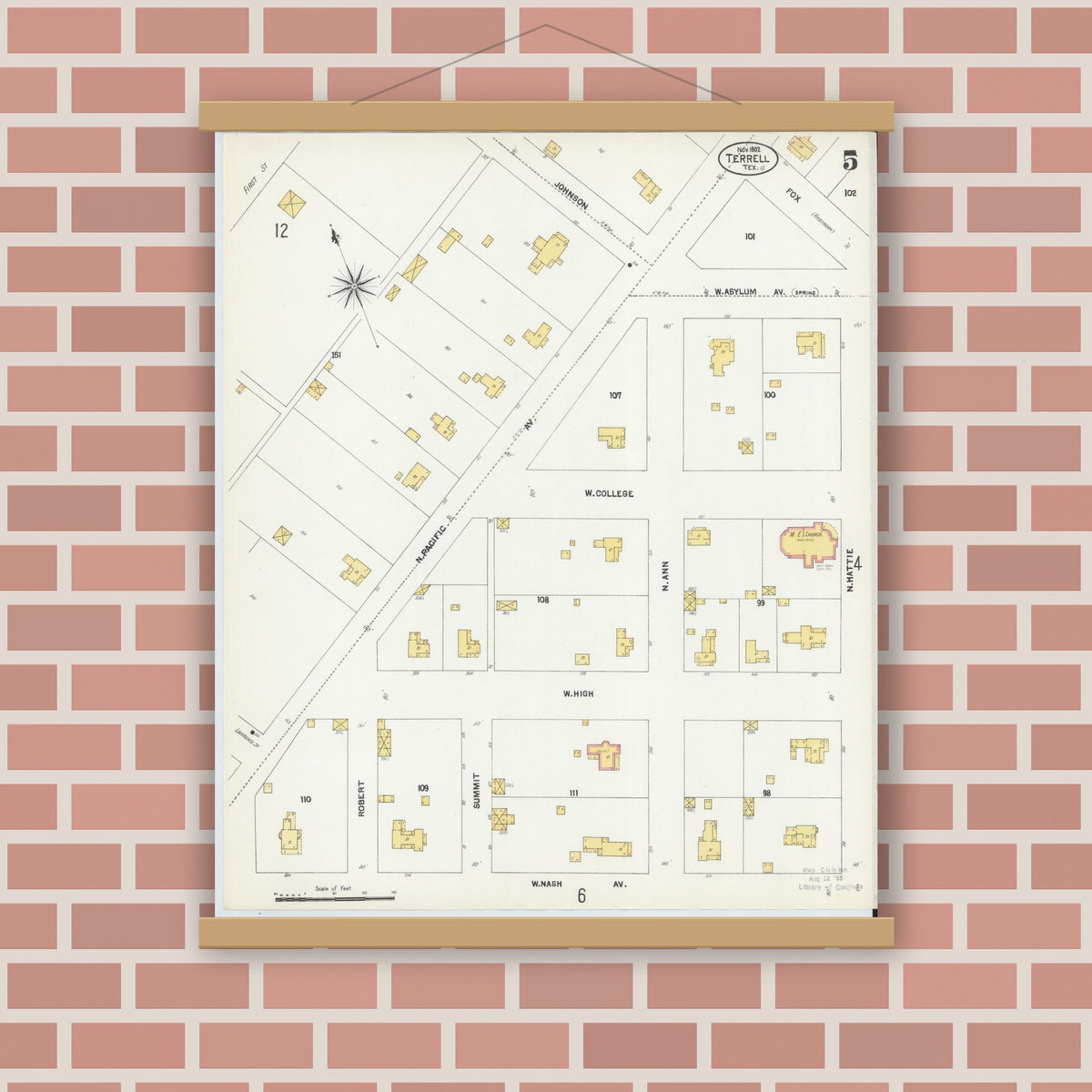 Old map wall art mockup — magnetic wood frame on brick wall — Sanborn Fire Insurance Map from Terrell, Kaufman County, Texas (1902), Sheet #0005