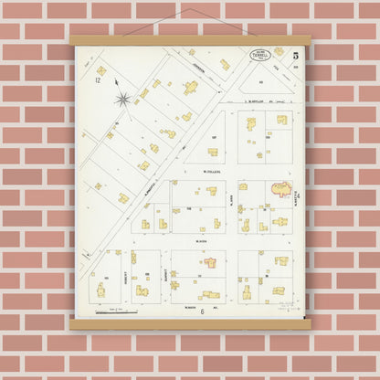 Old map wall art mockup — magnetic wood frame on brick wall — Sanborn Fire Insurance Map from Terrell, Kaufman County, Texas (1902), Sheet #0005