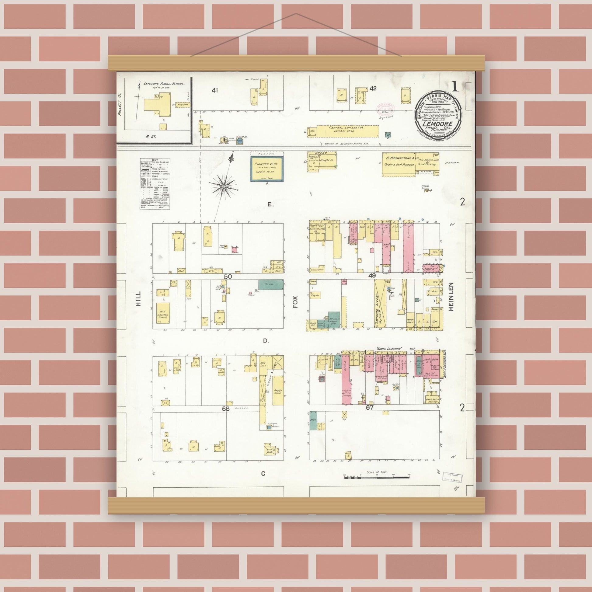 Old map wall art mockup — magnetic wood frame on brick wall — Sanborn Fire Insurance Map from Lemoore, Kings County, California (1896) - Complete Map Set