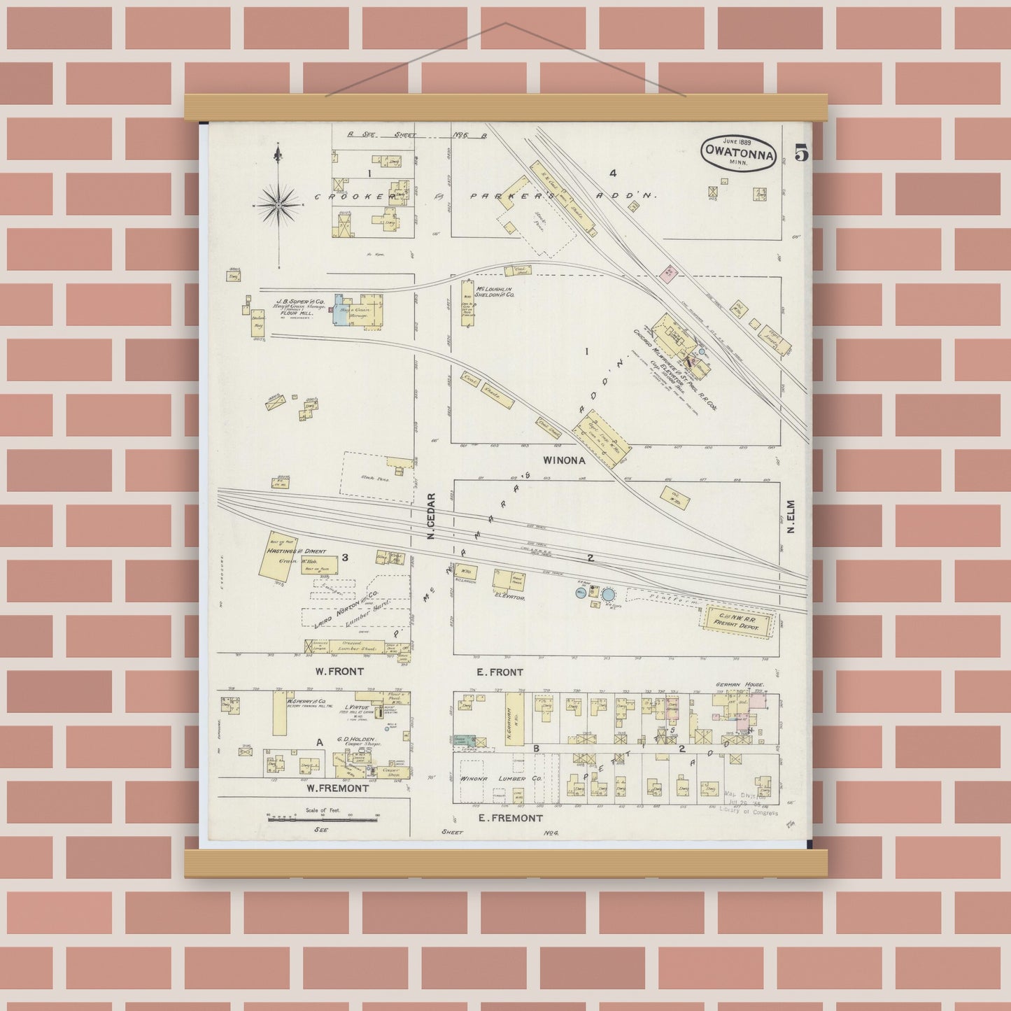 Old map wall art mockup — magnetic wood frame on brick wall — Sanborn Fire Insurance Map from Owatonna, Steele County, Minnesota (1889), Sheet #0005