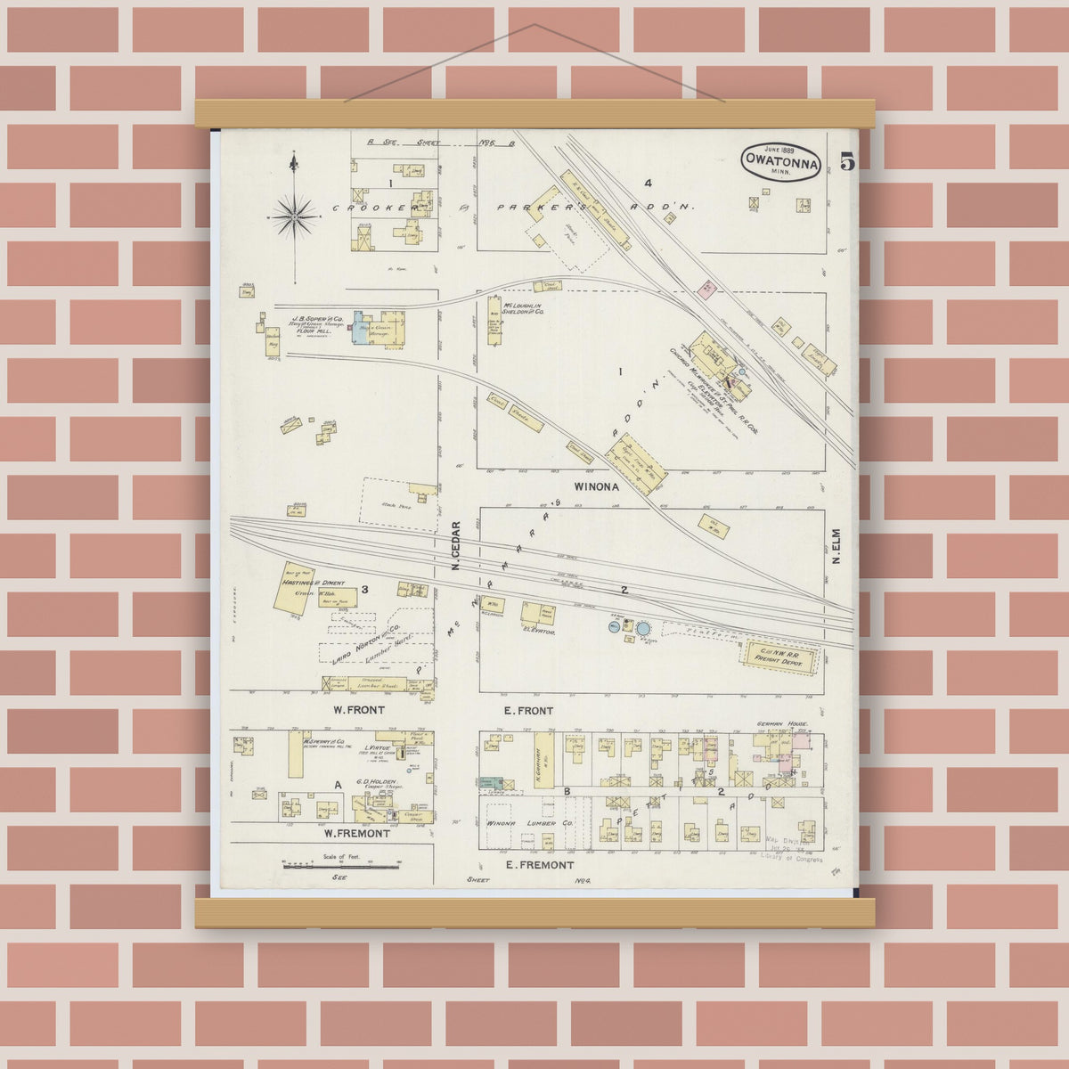Old map wall art mockup — magnetic wood frame on brick wall — Sanborn Fire Insurance Map from Owatonna, Steele County, Minnesota (1889), Sheet #0005
