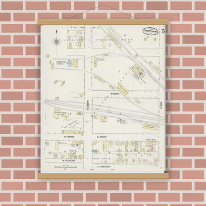 Old map wall art mockup — magnetic wood frame on brick wall — Sanborn Fire Insurance Map from Owatonna, Steele County, Minnesota (1889), Sheet #0005