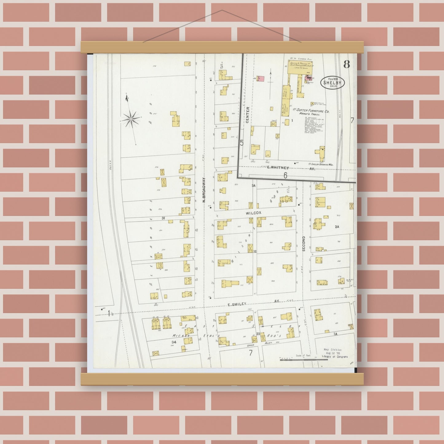 Old map wall art mockup — magnetic wood frame on brick wall — Sanborn Fire Insurance Map from Shelby, Richland County, Ohio (1899), Sheet #0008