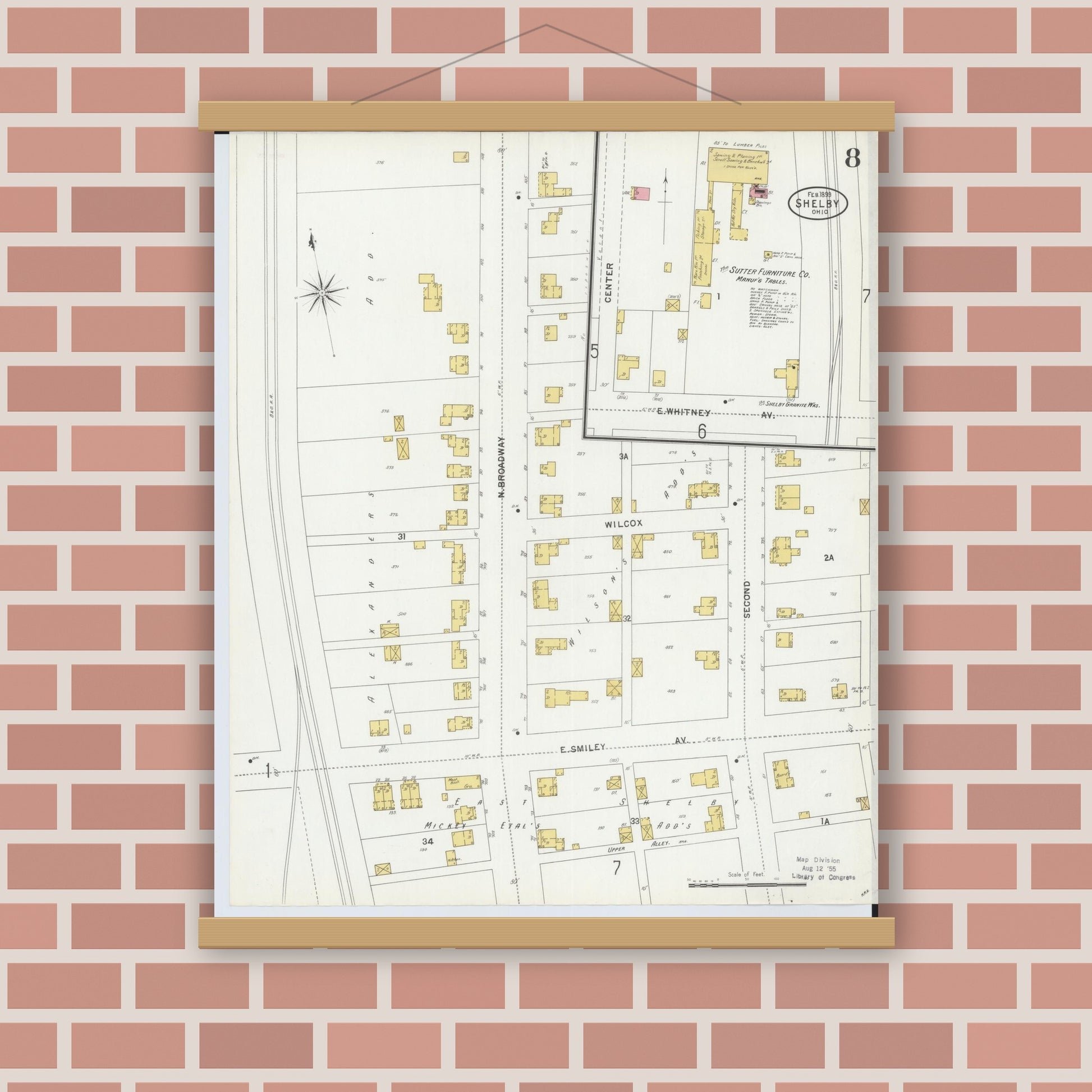 Old map wall art mockup — magnetic wood frame on brick wall — Sanborn Fire Insurance Map from Shelby, Richland County, Ohio (1899), Sheet #0008