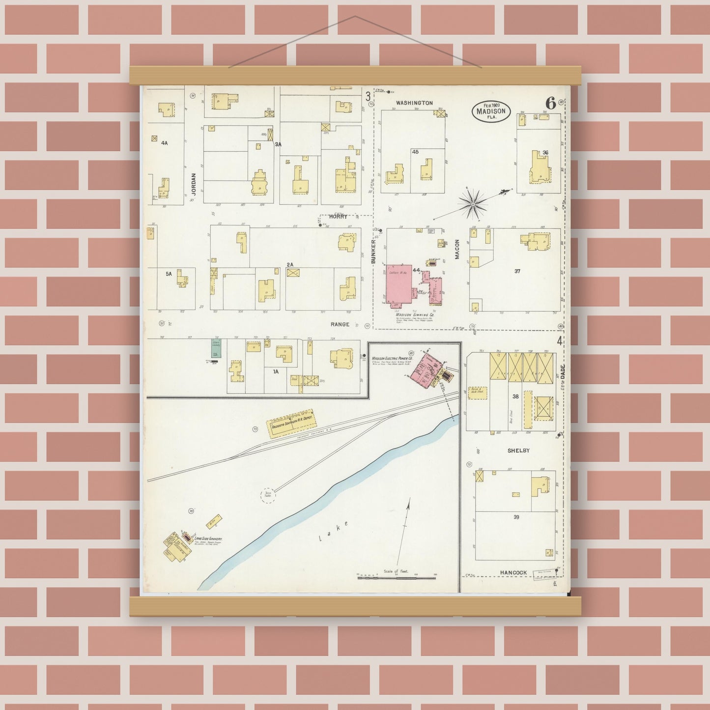 Old map wall art mockup — magnetic wood frame on brick wall — Sanborn Fire Insurance Map from Madison, Madison County, Florida (1903), Sheet #0006