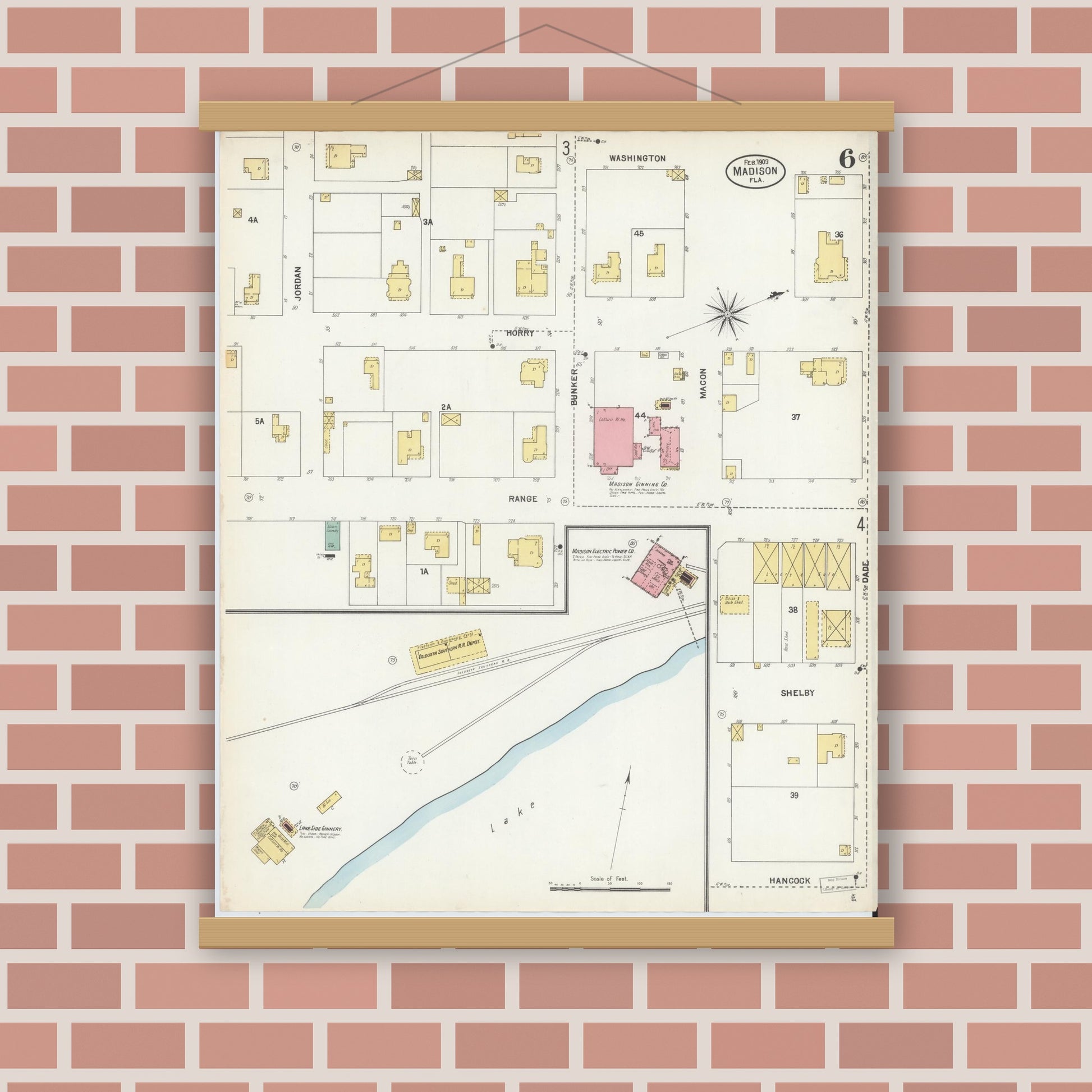 Old map wall art mockup — magnetic wood frame on brick wall — Sanborn Fire Insurance Map from Madison, Madison County, Florida (1903), Sheet #0006