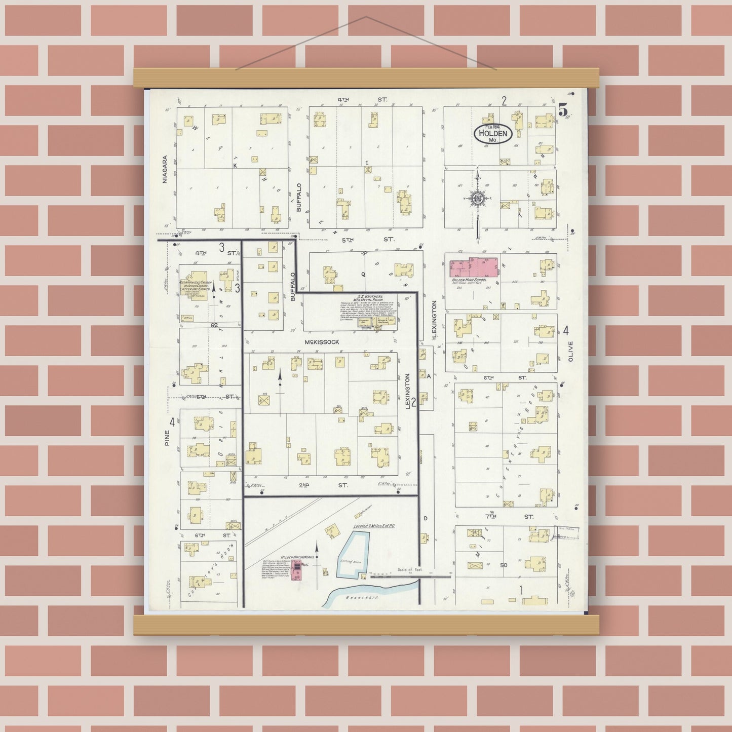 Old map wall art mockup — magnetic wood frame on brick wall — Sanborn Fire Insurance Map from Holden, Johnson County, Missouri (1914), Sheet #0005