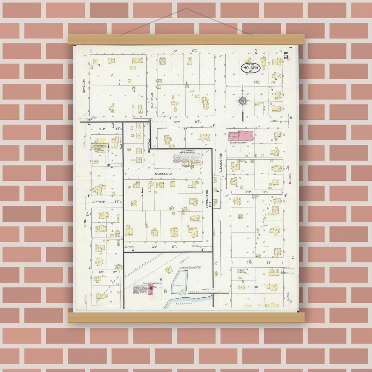 Old map wall art mockup — magnetic wood frame on brick wall — Sanborn Fire Insurance Map from Holden, Johnson County, Missouri (1914), Sheet #0005