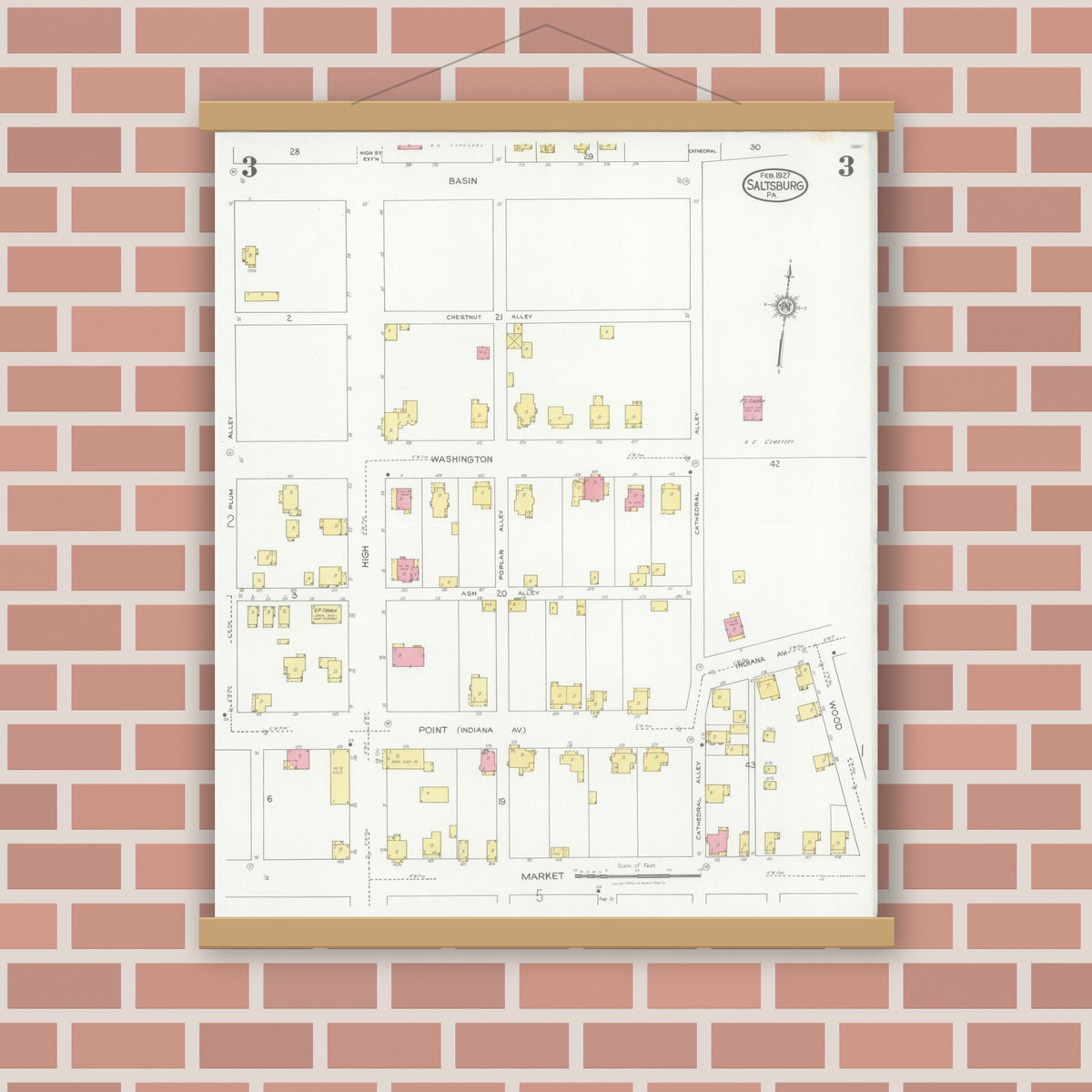 Old map wall art mockup — magnetic wood frame on brick wall — Sanborn Fire Insurance Map from Saltsburg, Indiana County, Pennsylvania (1927), Sheet #0003