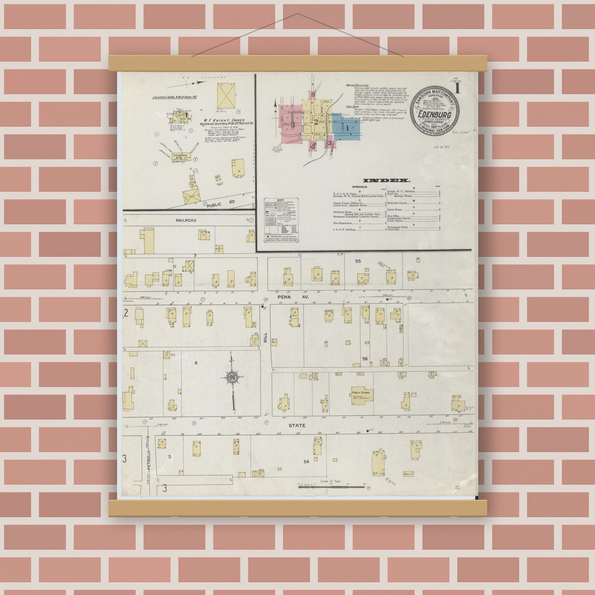 Old map wall art mockup — magnetic wood frame on brick wall — Sanborn Fire Insurance Map from Edenburg, Clarion County, Pennsylvania (1912), Sheet #0001
