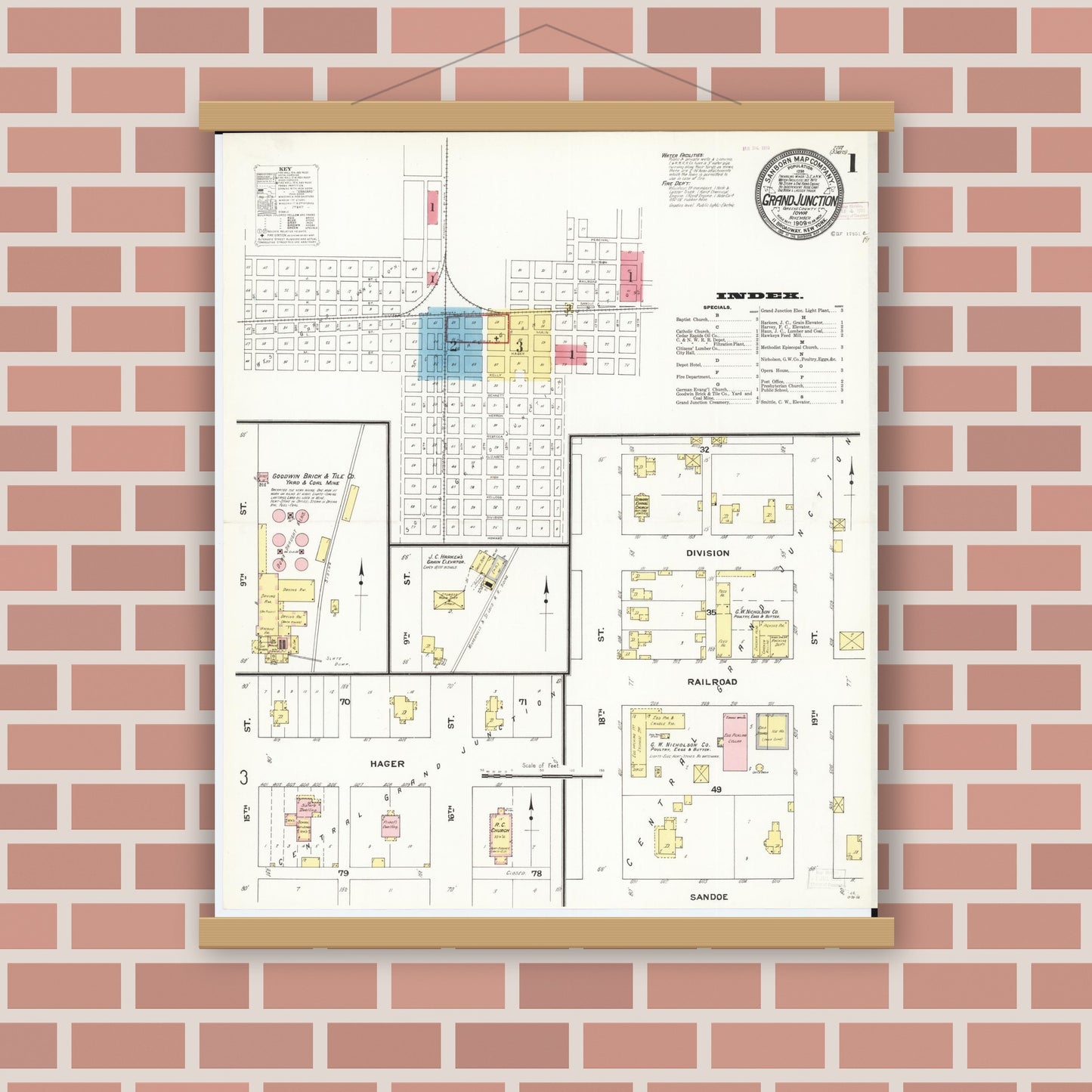 Old map wall art mockup — magnetic wood frame on brick wall — Sanborn Fire Insurance Map from Grand Junction, Greene County, Iowa (1909) â€” Complete Set
