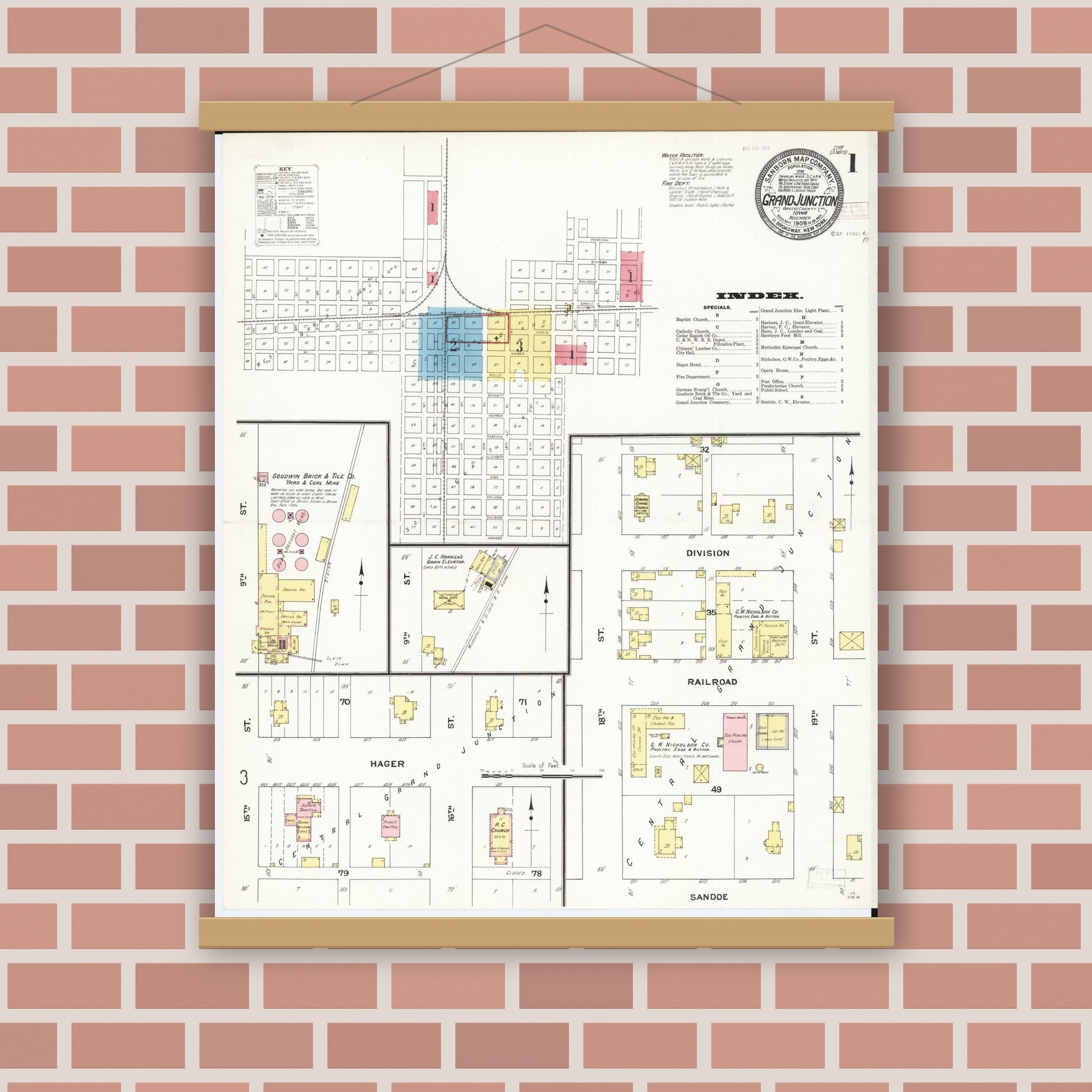 Old map wall art mockup — magnetic wood frame on brick wall — Sanborn Fire Insurance Map from Grand Junction, Greene County, Iowa (1909) â€” Complete Set