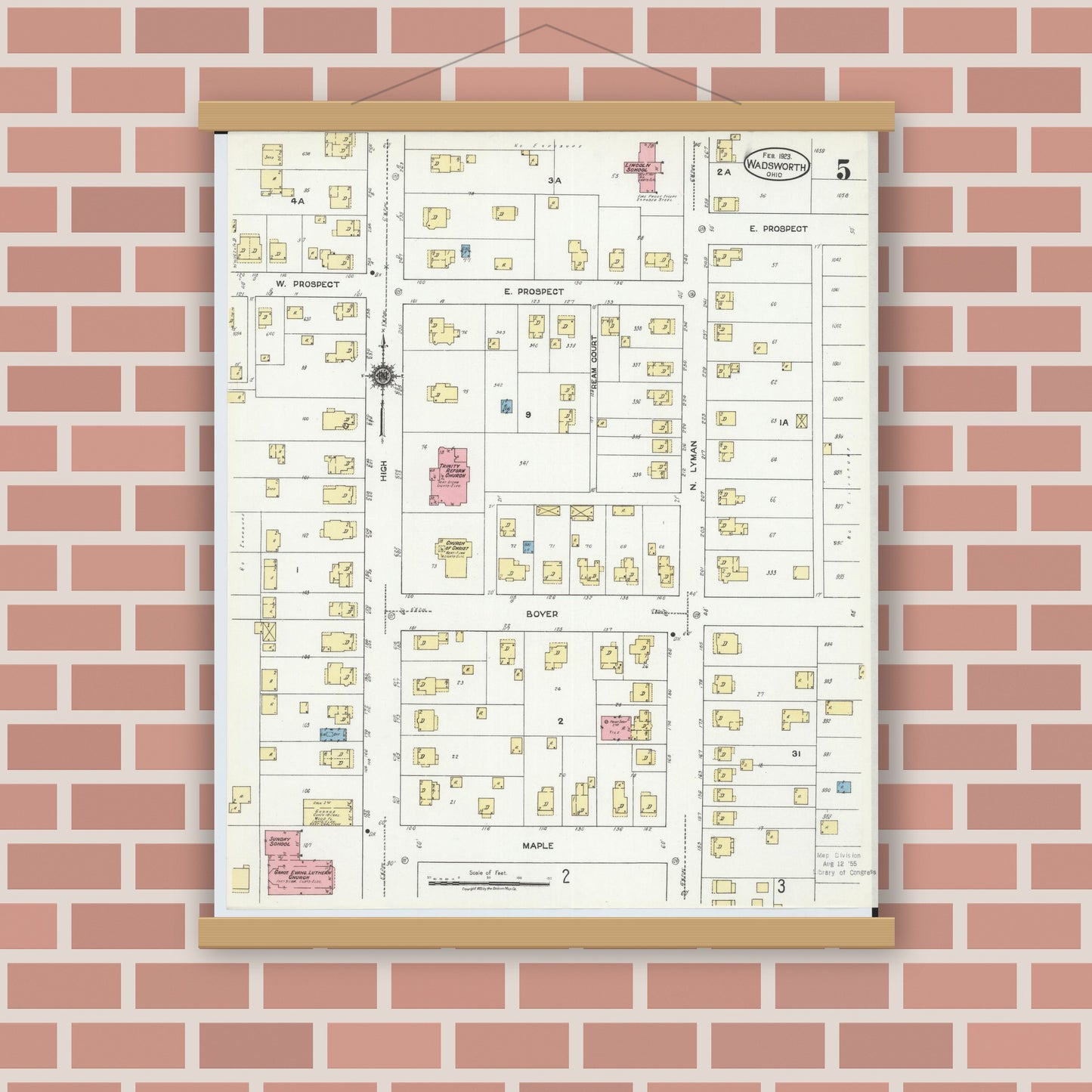 Old map wall art mockup — magnetic wood frame on brick wall — Sanborn Fire Insurance Map from Wadsworth, Medina County, Ohio (1923), Sheet #0005