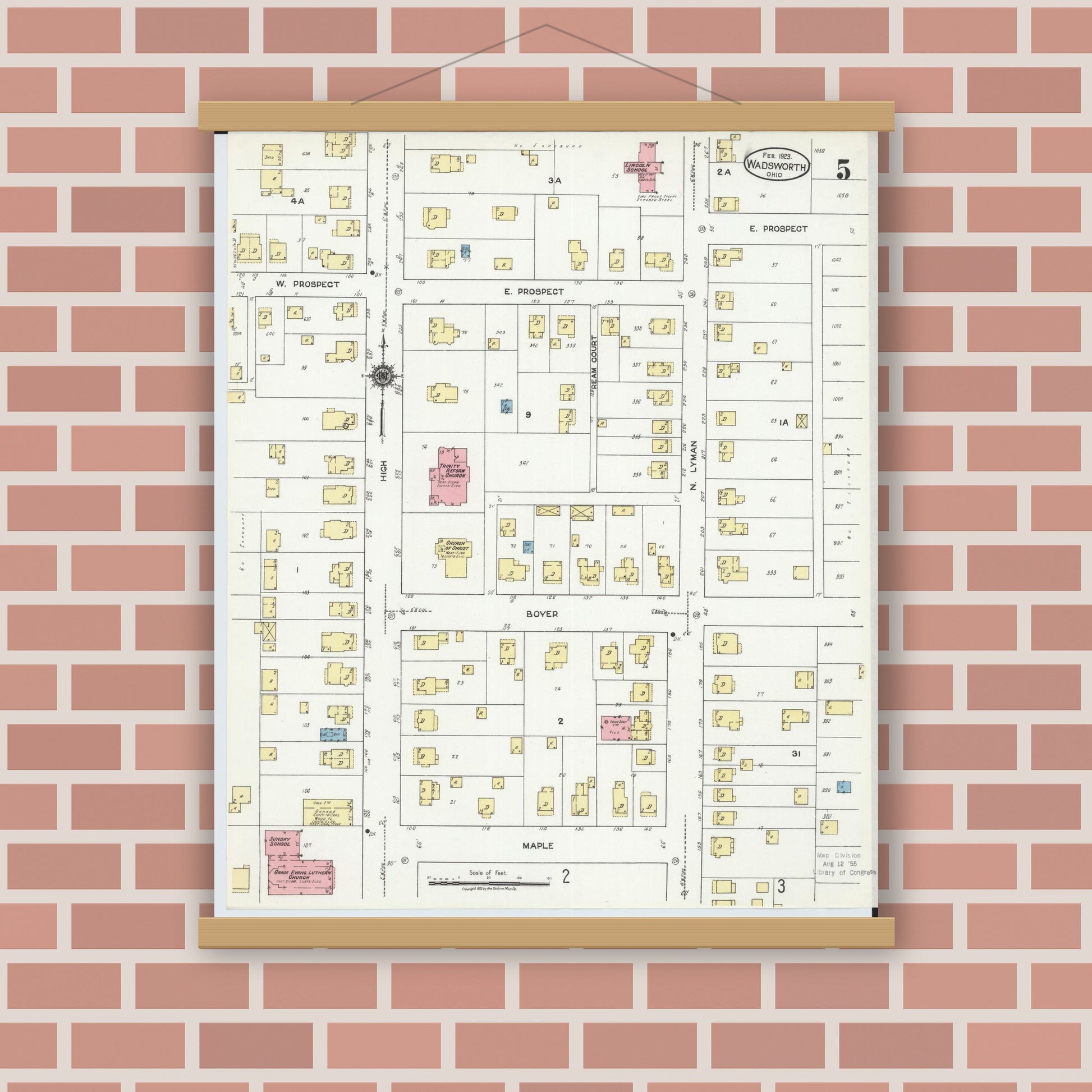 Old map wall art mockup — magnetic wood frame on brick wall — Sanborn Fire Insurance Map from Wadsworth, Medina County, Ohio (1923), Sheet #0005